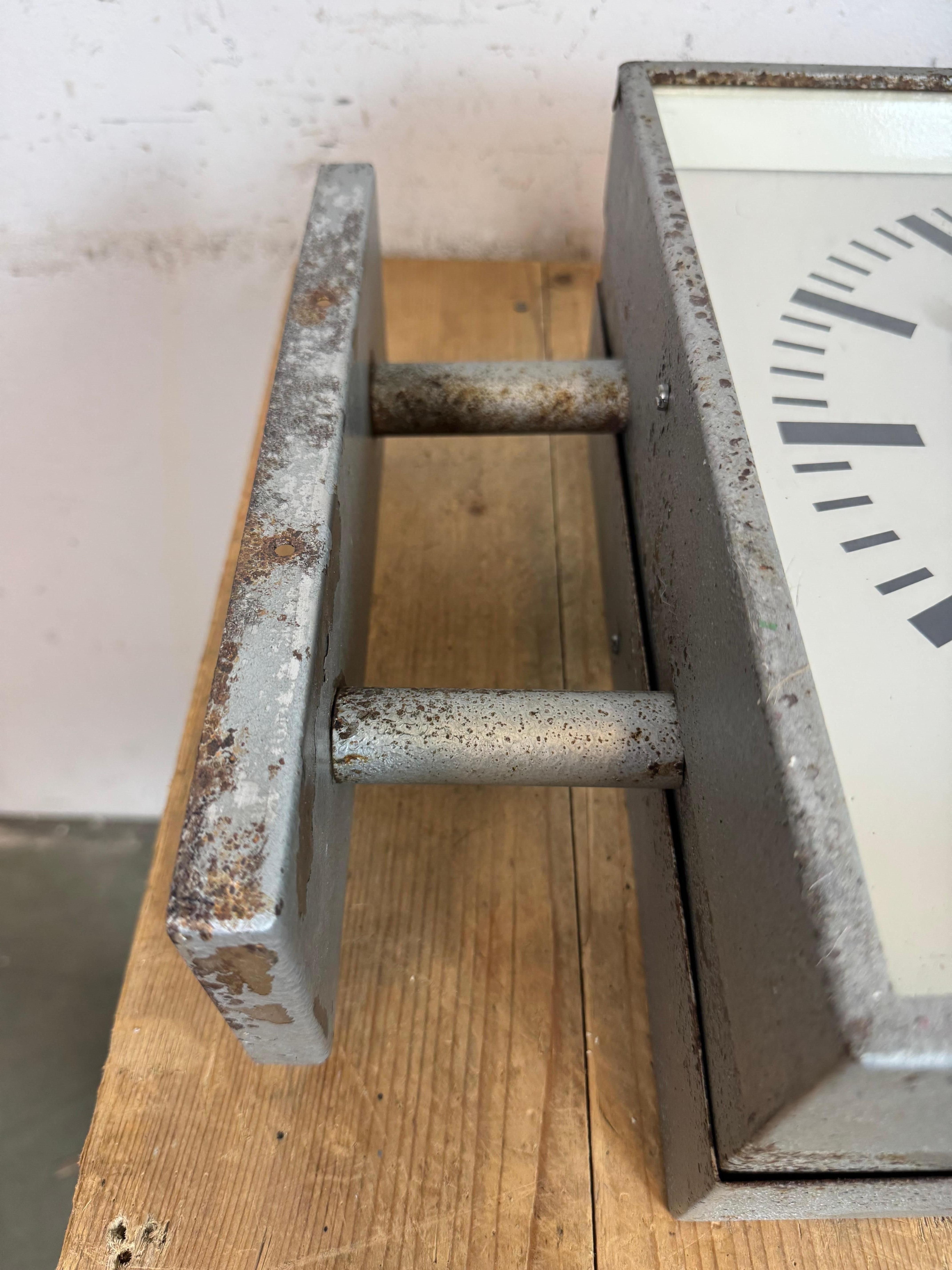 Industrial Square Double Sided Factory Wall Clock from Pragotron, 1970s For Sale 9