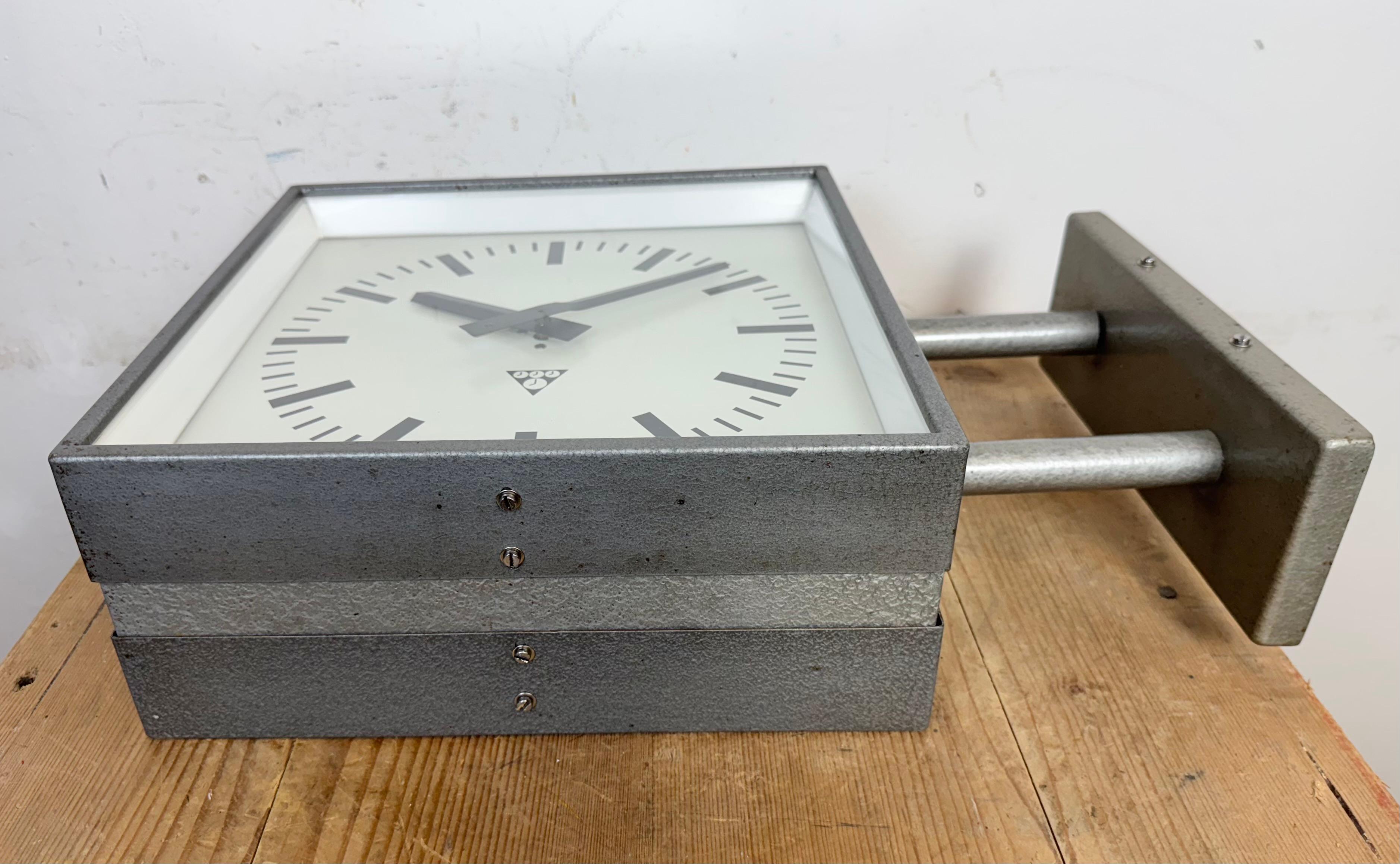 Industrial Square Double Sided Factory Wall Clock from Pragotron, 1970s 10