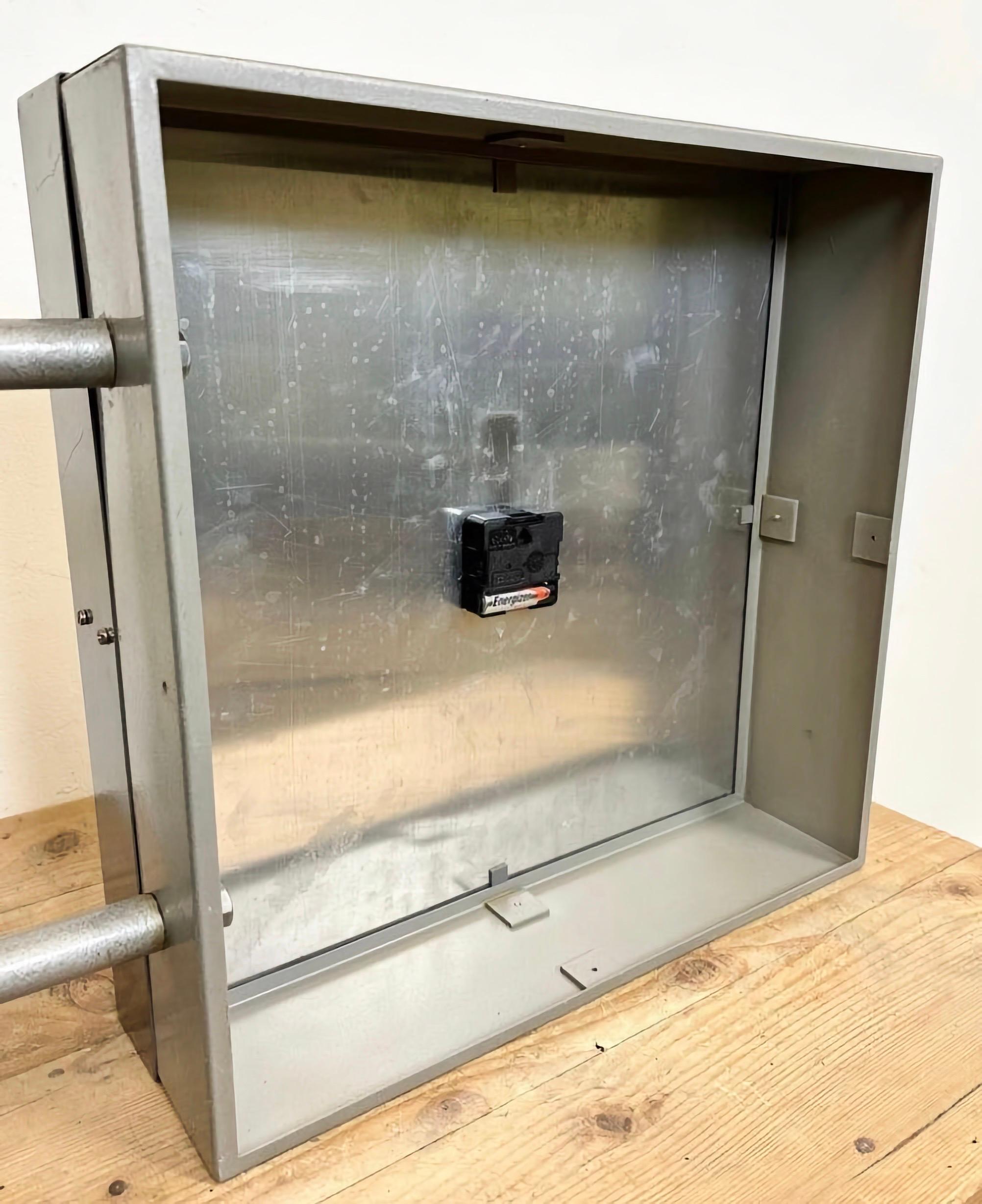 Industrial Square Double Sided Factory Wall Clock from Pragotron, 1970s For Sale 10