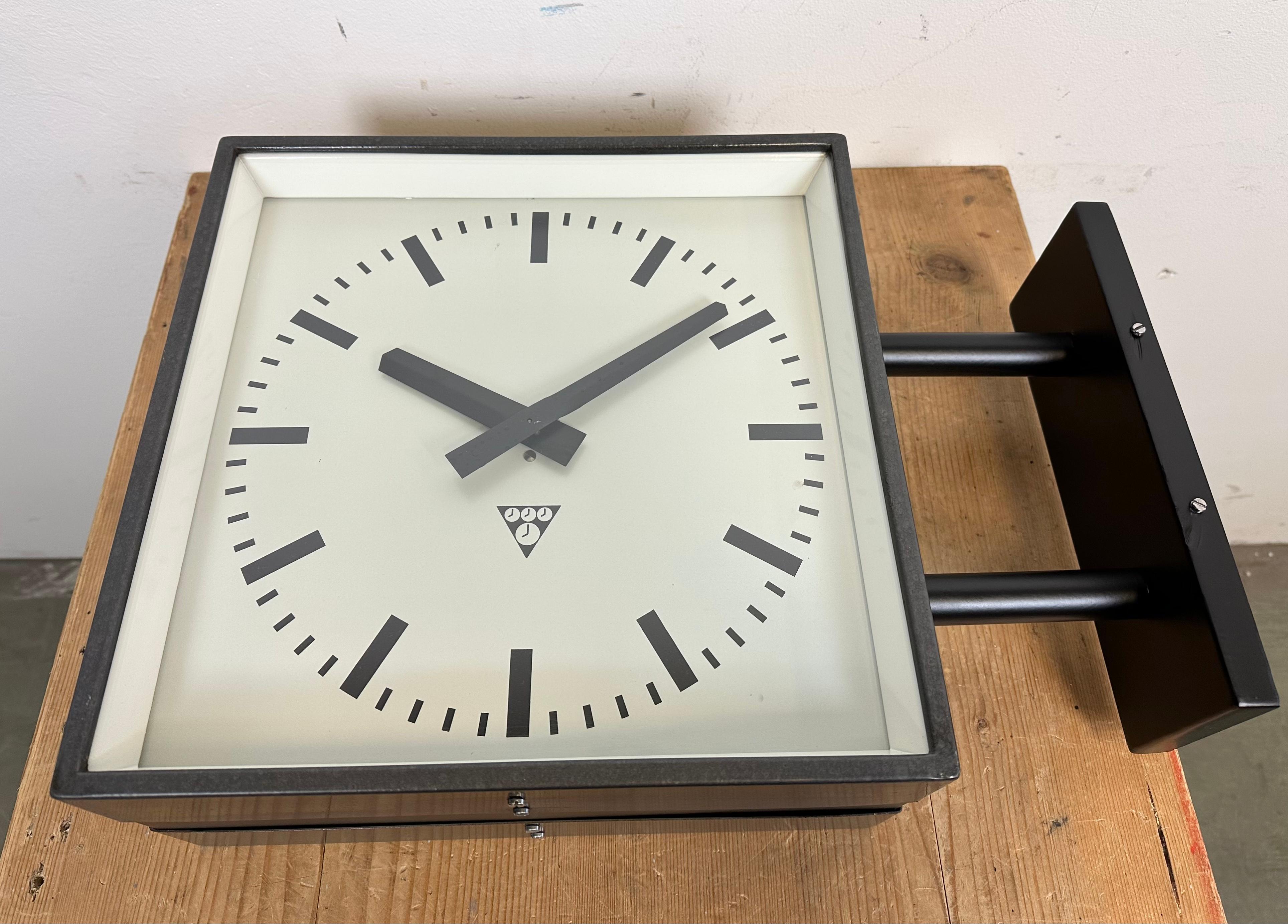 Industrial Square Double-Sided Factory Wall Clock from Pragotron, 1970s 13