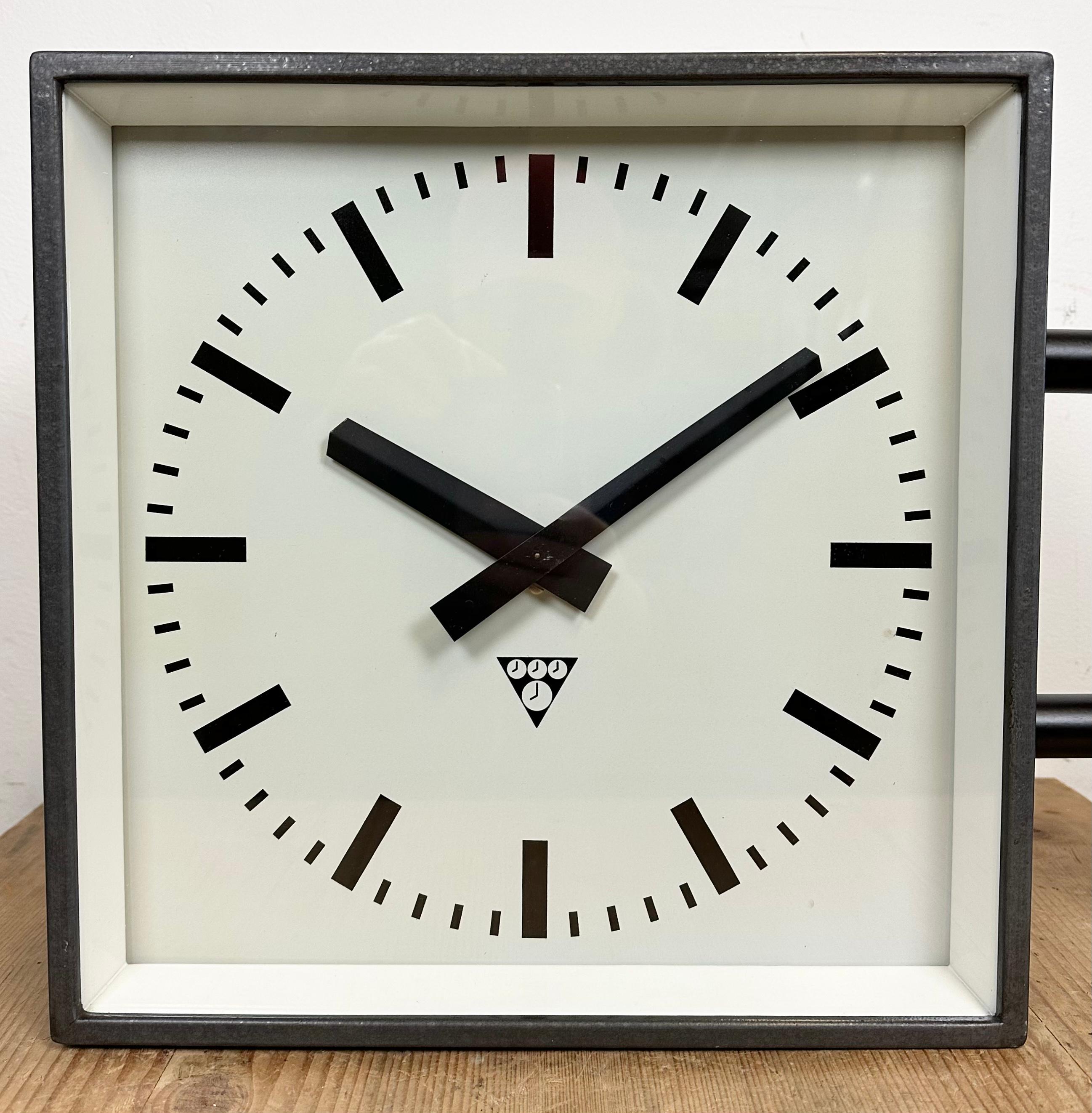 Czech Industrial Square Double-Sided Factory Wall Clock from Pragotron, 1970s