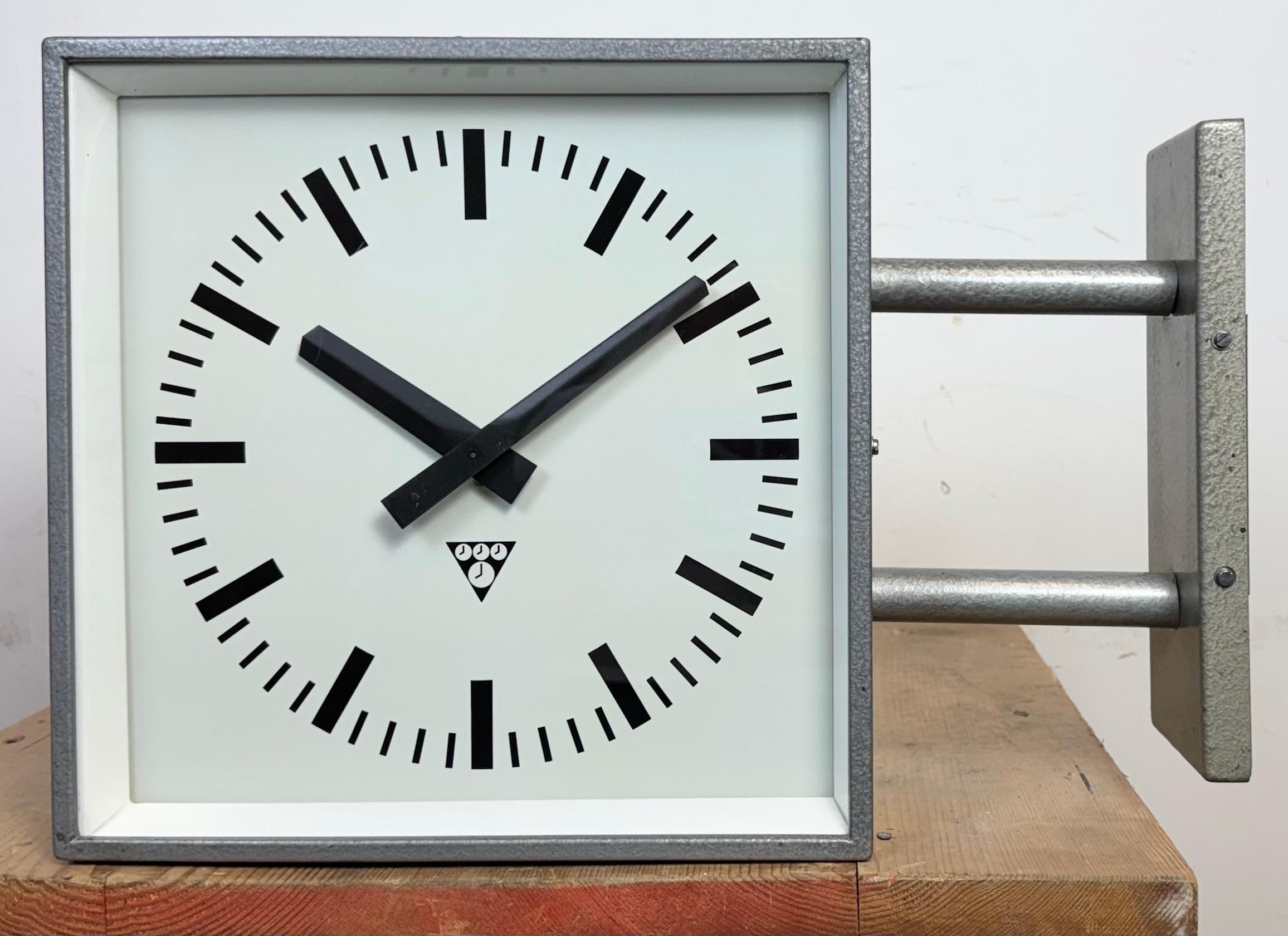 Czech Industrial Square Double Sided Factory Wall Clock from Pragotron, 1970s