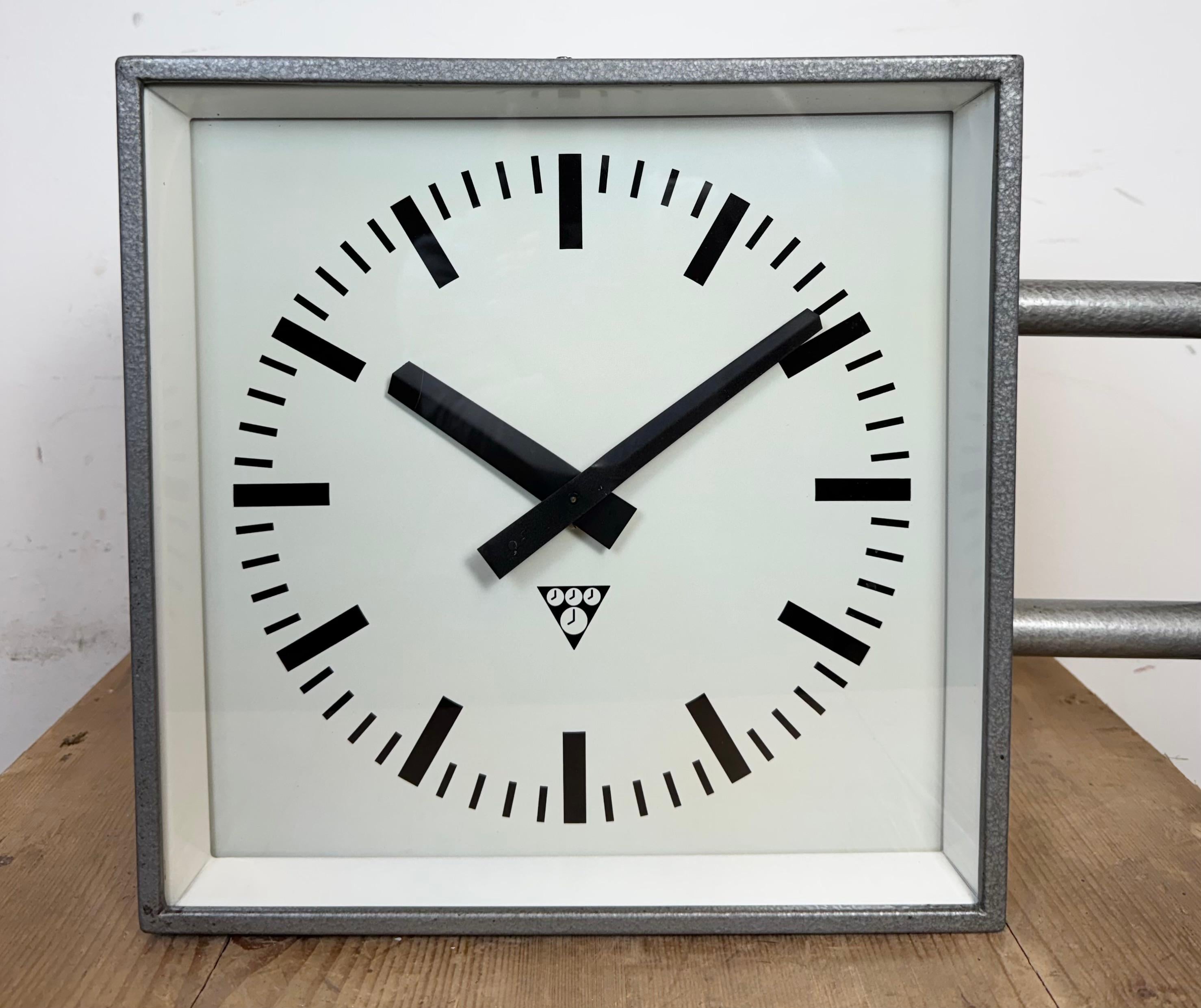 Industrial Square Double Sided Factory Wall Clock from Pragotron, 1970s In Good Condition In Kojetice, CZ
