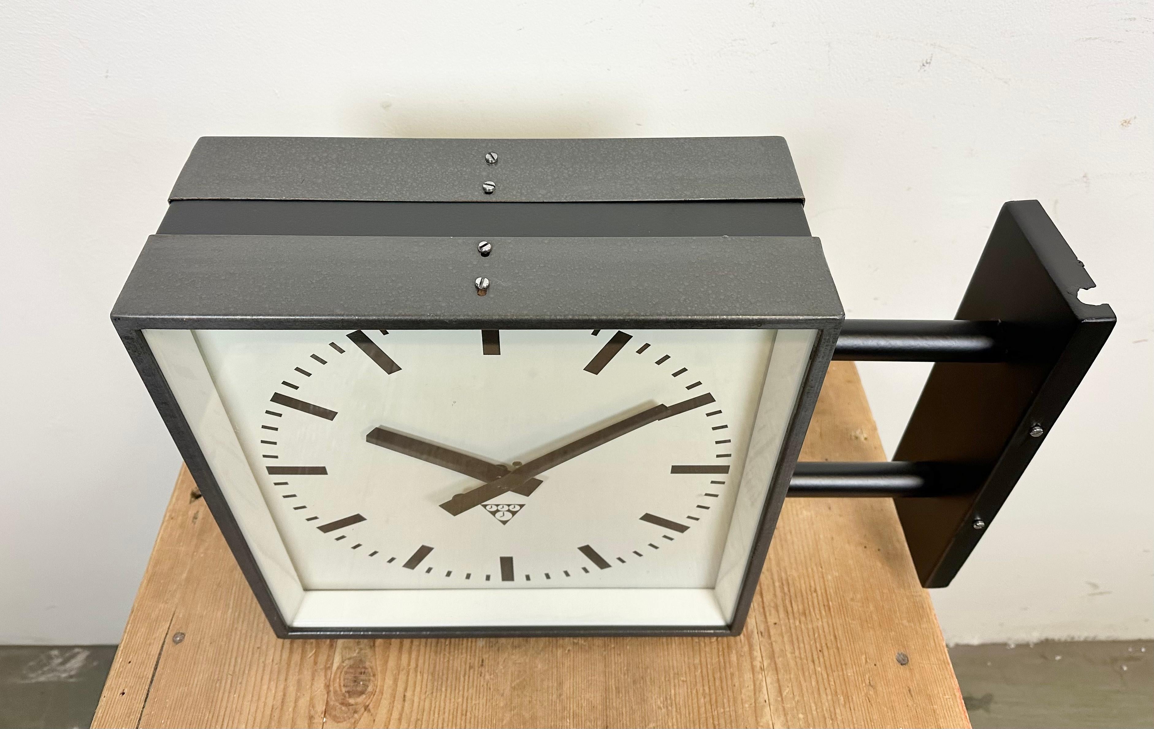 Glass Industrial Square Double-Sided Factory Wall Clock from Pragotron, 1970s
