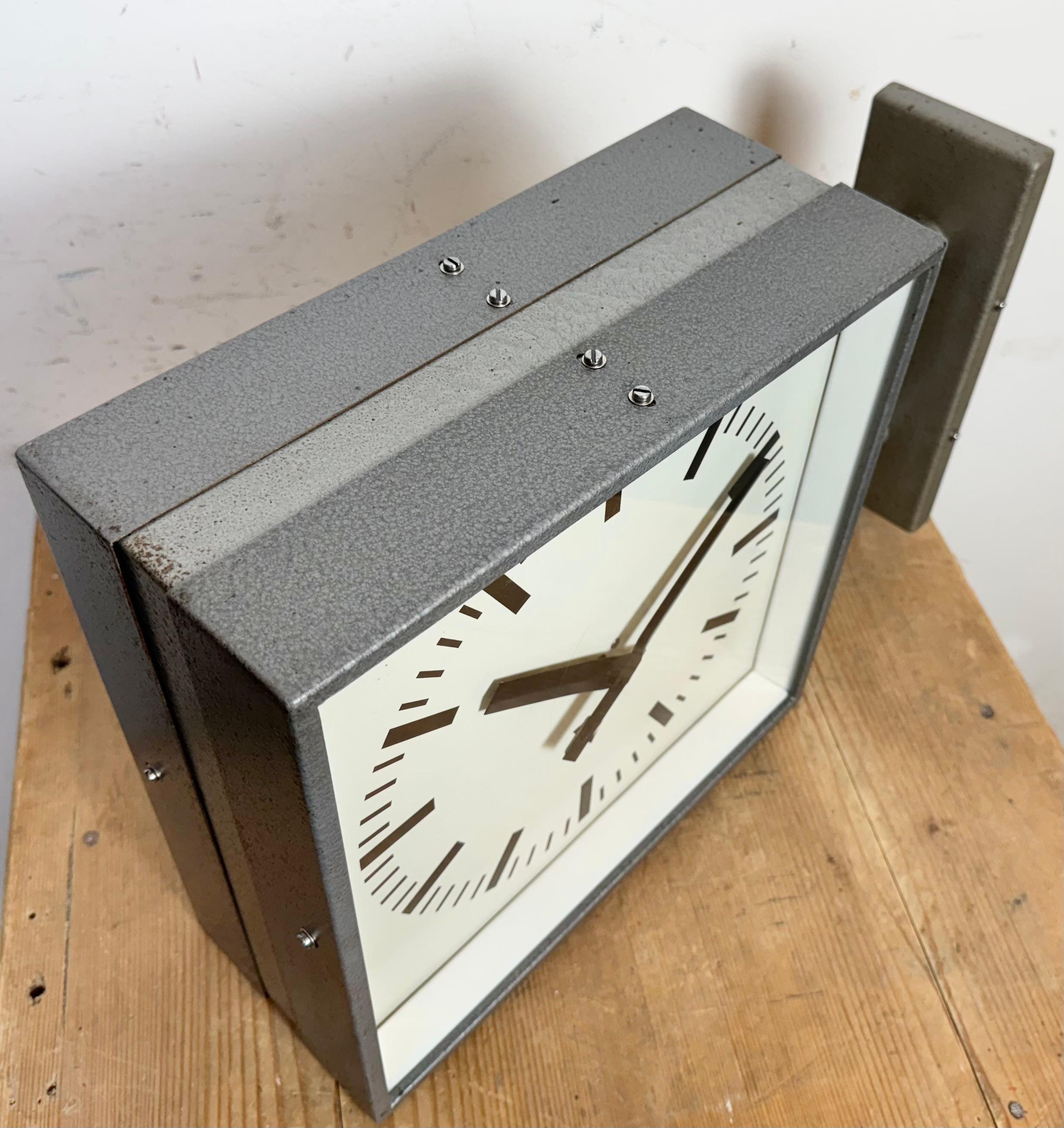 Aluminum Industrial Square Double Sided Factory Wall Clock from Pragotron, 1970s
