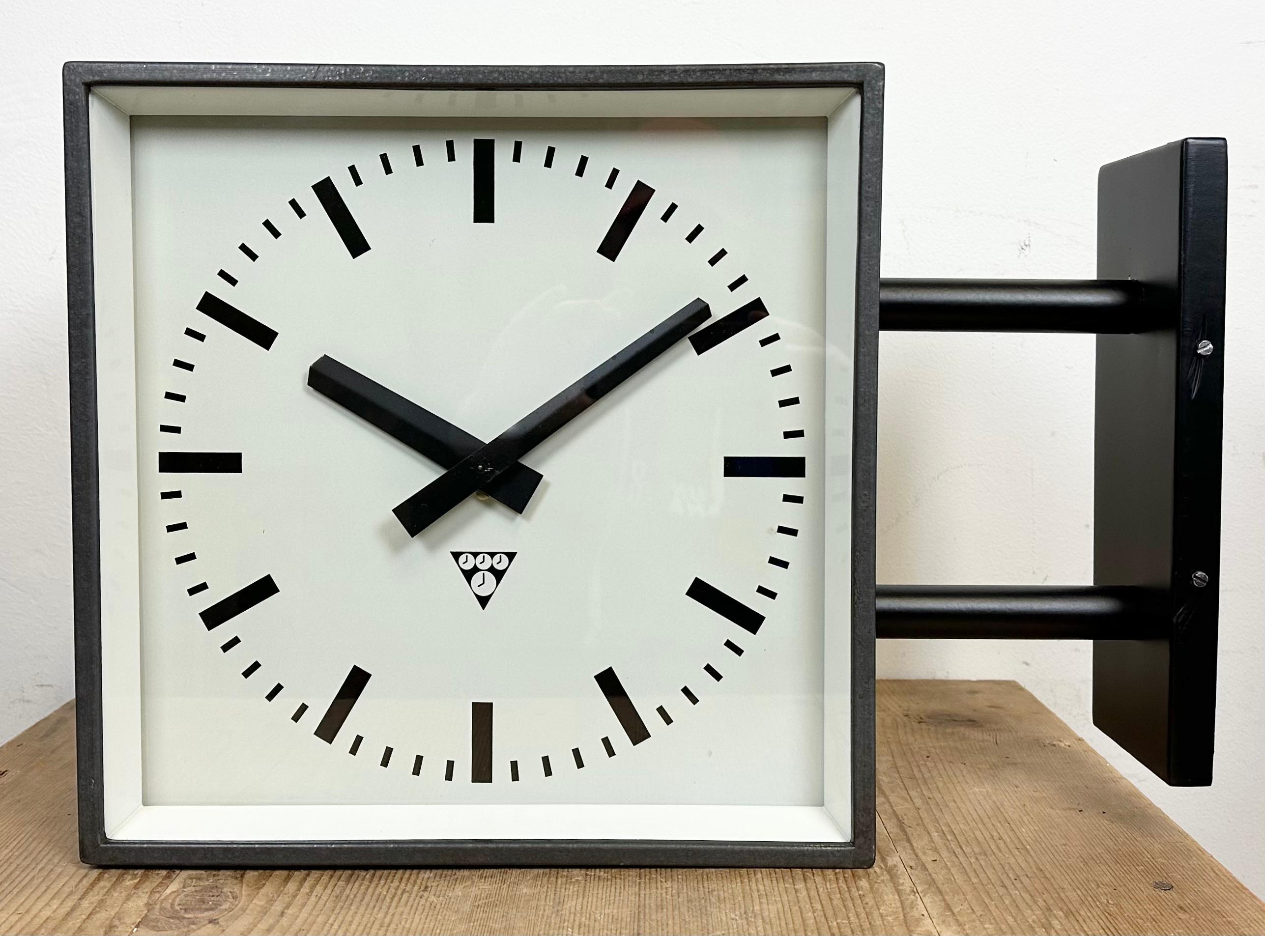 Industrial Square Double-Sided Factory Wall Clock from Pragotron, 1970s 1