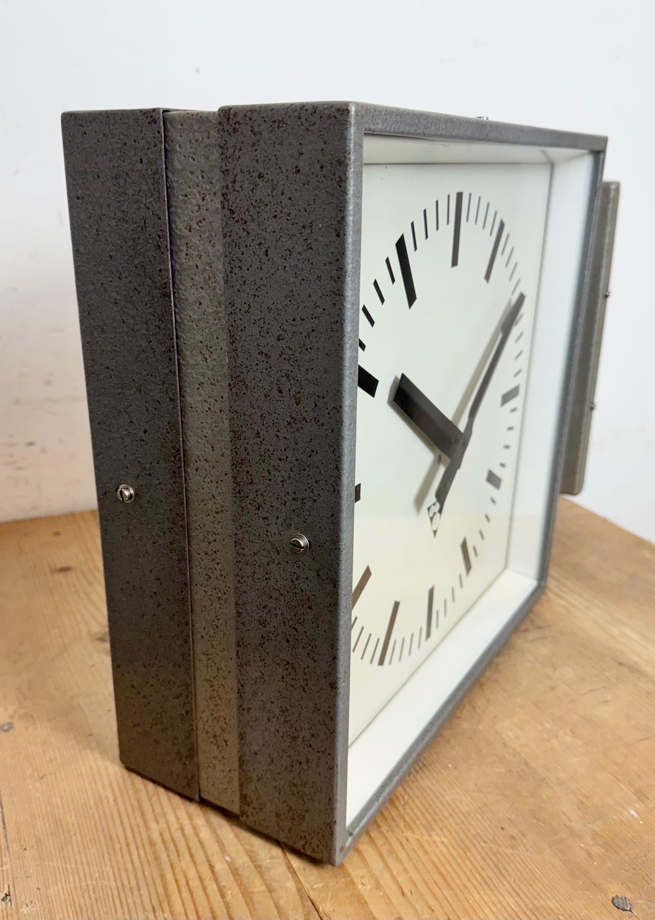 Industrial Square Double Sided Factory Wall Clock from Pragotron, 1970s 1