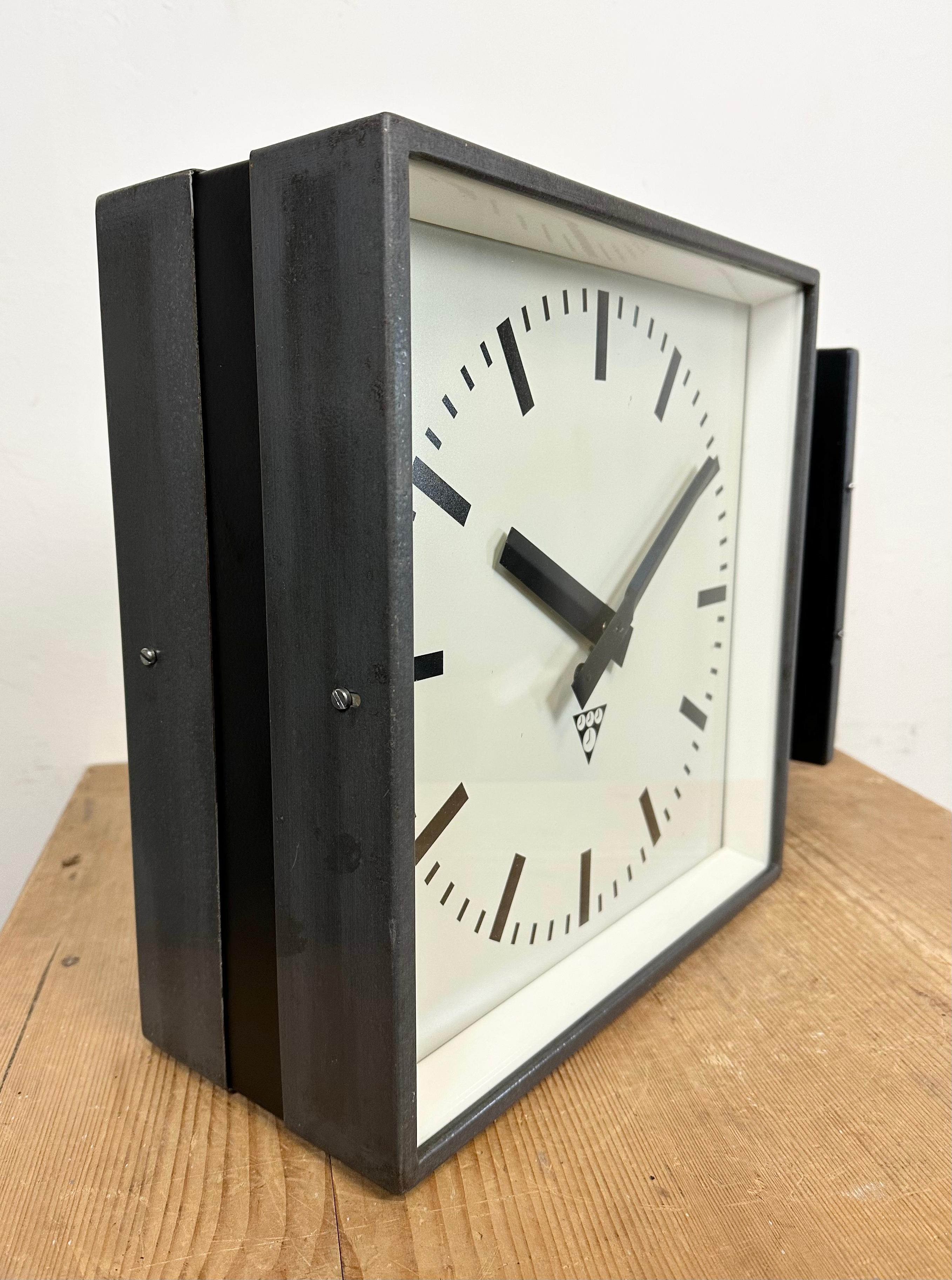 Industrial Square Double-Sided Factory Wall Clock from Pragotron, 1970s 2