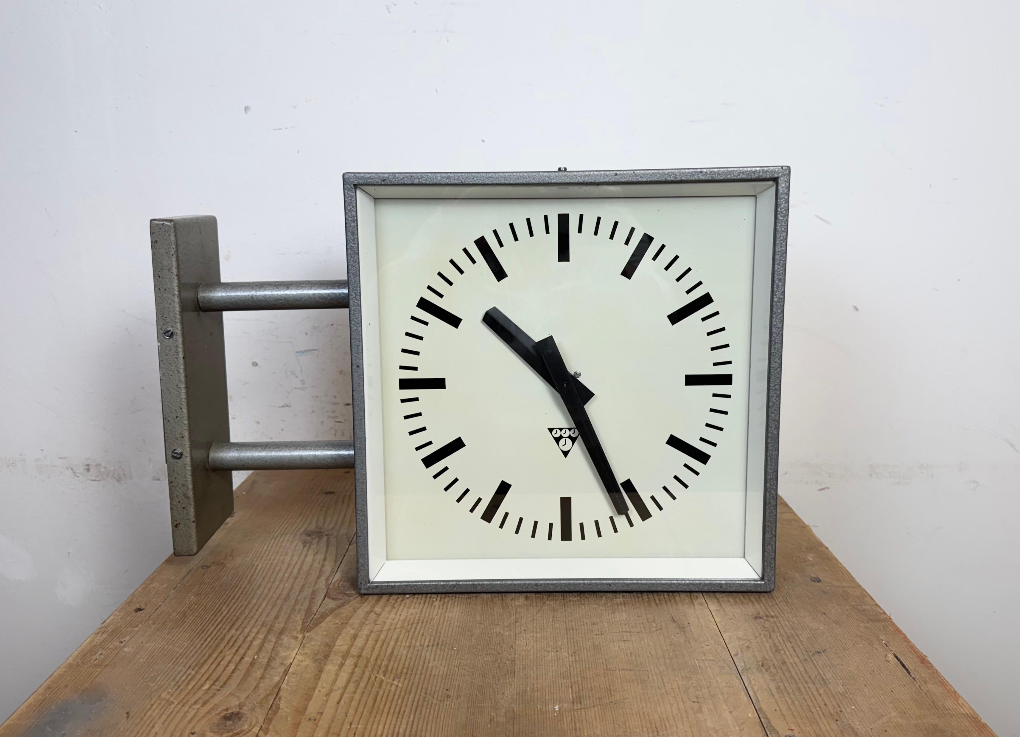 Industrial Square Double Sided Factory Wall Clock from Pragotron, 1970s 2