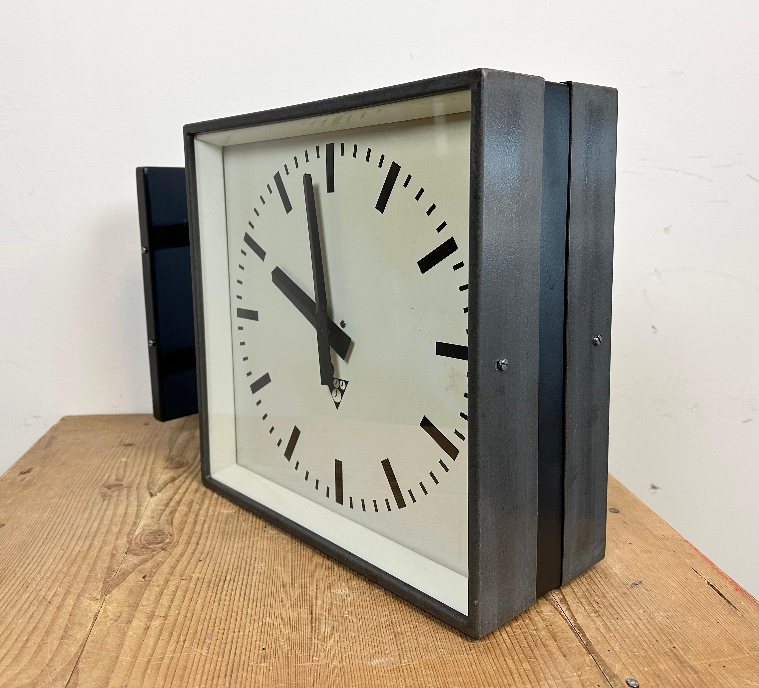 Industrial Square Double-Sided Factory Wall Clock from Pragotron, 1970s 3