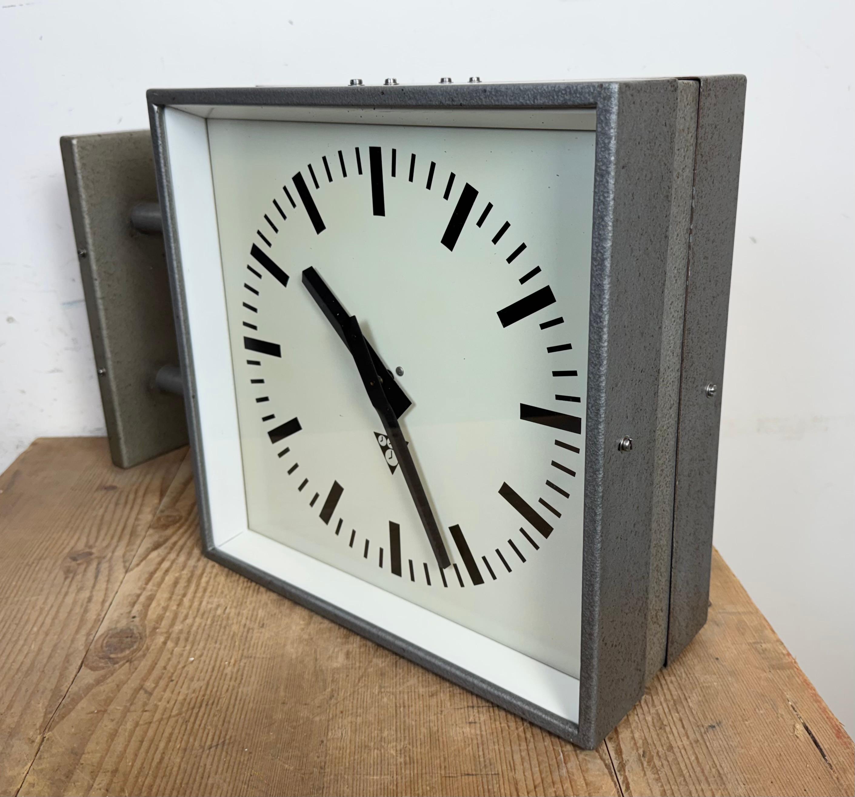 Industrial Square Double Sided Factory Wall Clock from Pragotron, 1970s 3