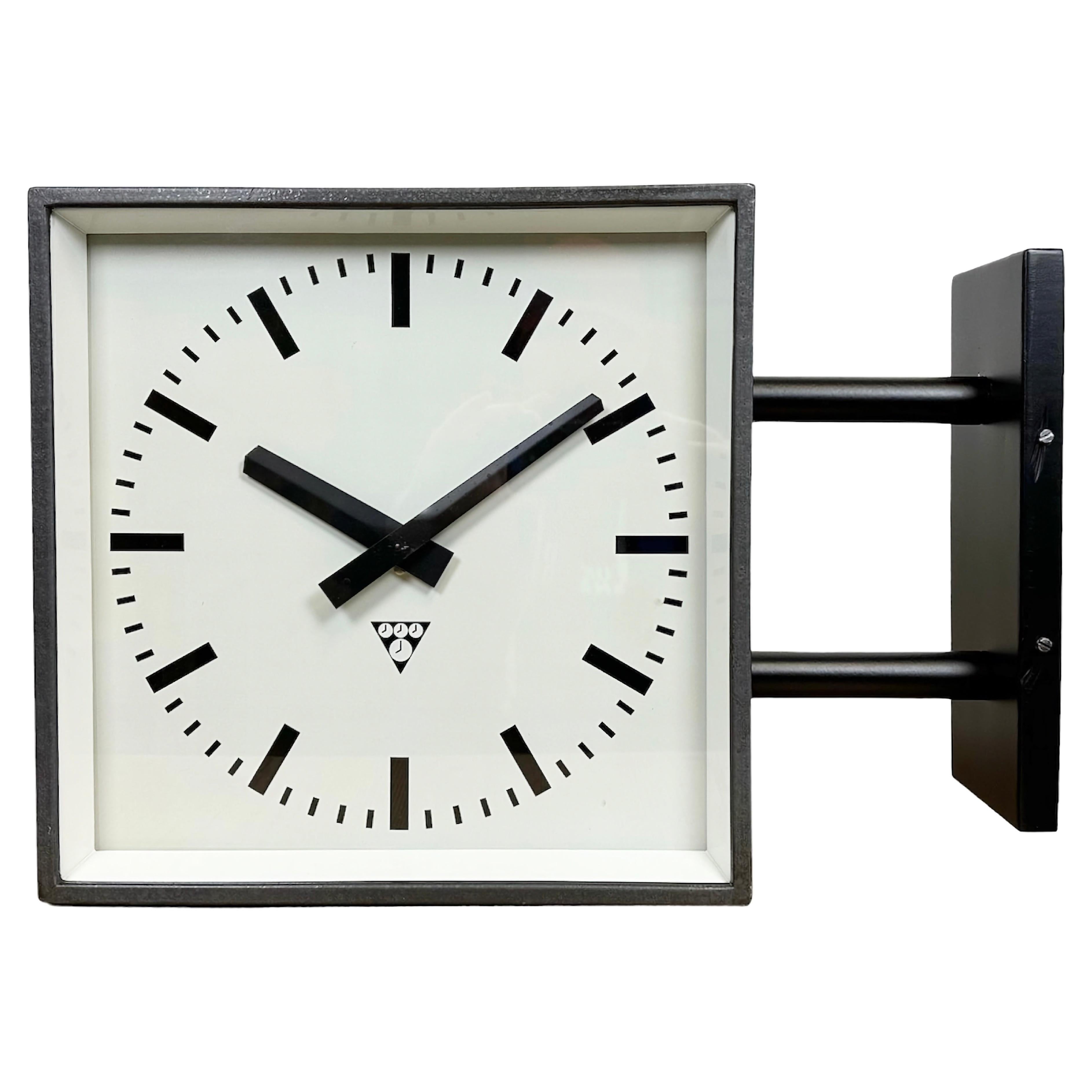 Industrial Square Double-Sided Factory Wall Clock from Pragotron, 1970s