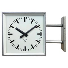 Vintage Industrial Square Double Sided Factory Wall Clock from Pragotron, 1970s