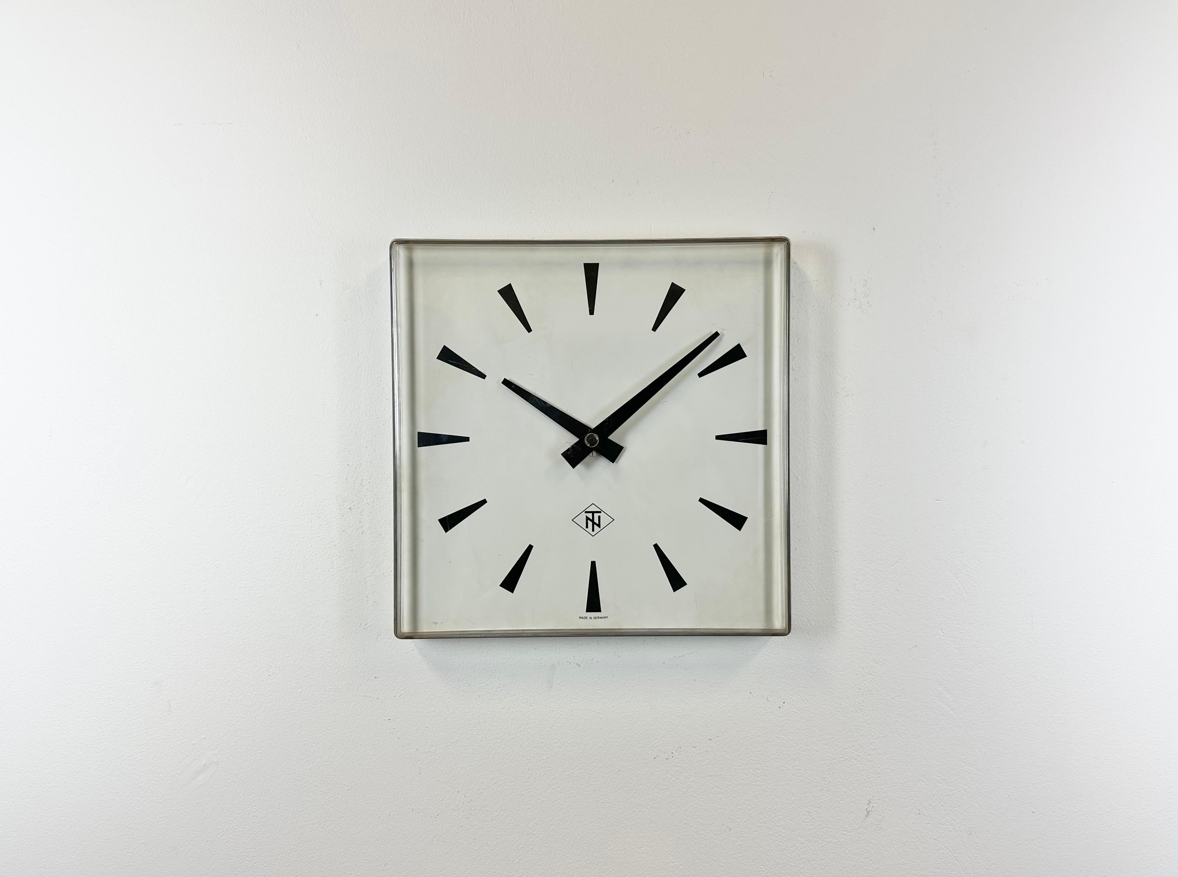 German Industrial Square Plexiglass Station Wall Clock from TN, 1970