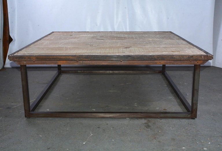 Industrial Square Slatted Wood Top Metal Base Coffee Table at 1stDibs