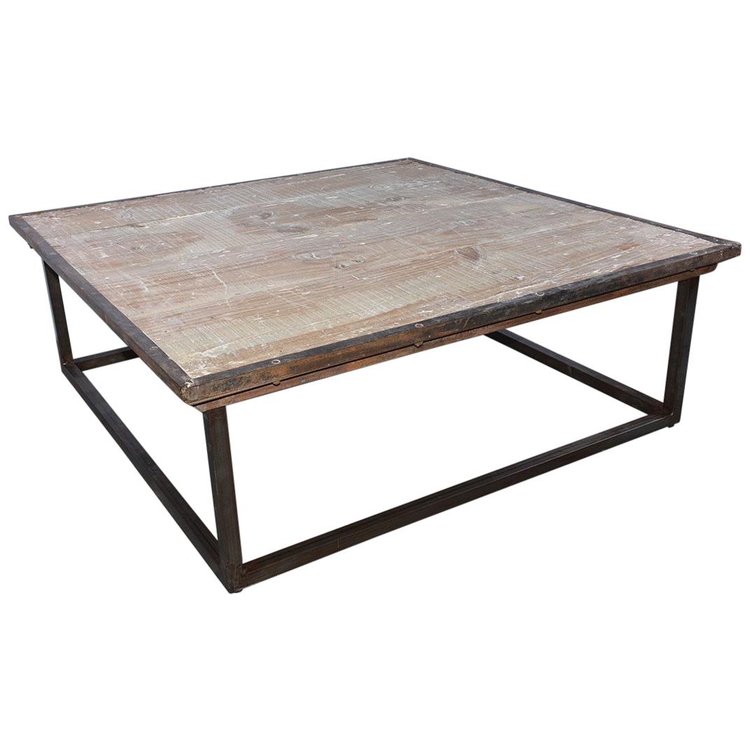 Industrial Square Slatted Wood Top Metal Base Coffee Table