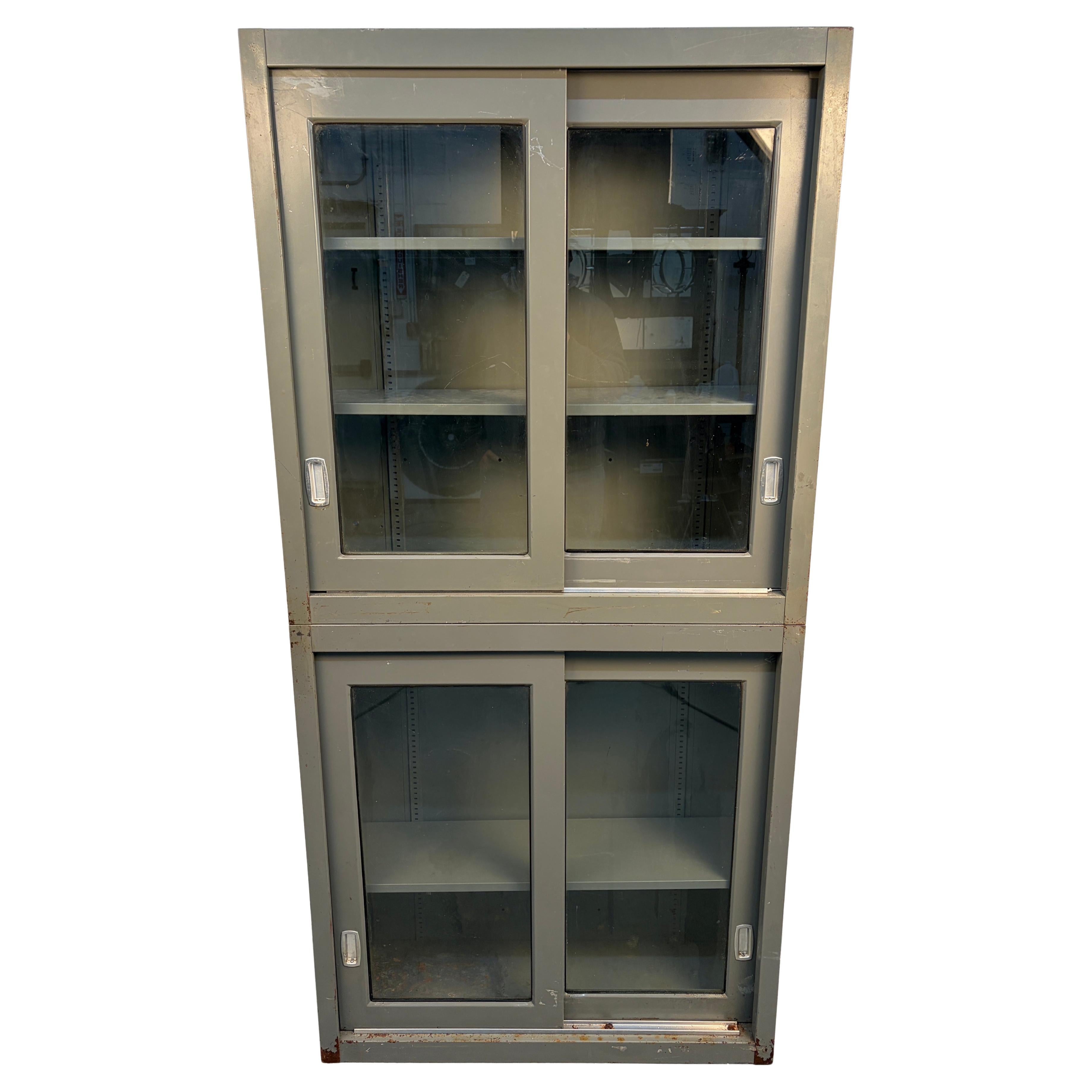 Industrial Stackable Metal Cabinet With Sliding Glass Doors