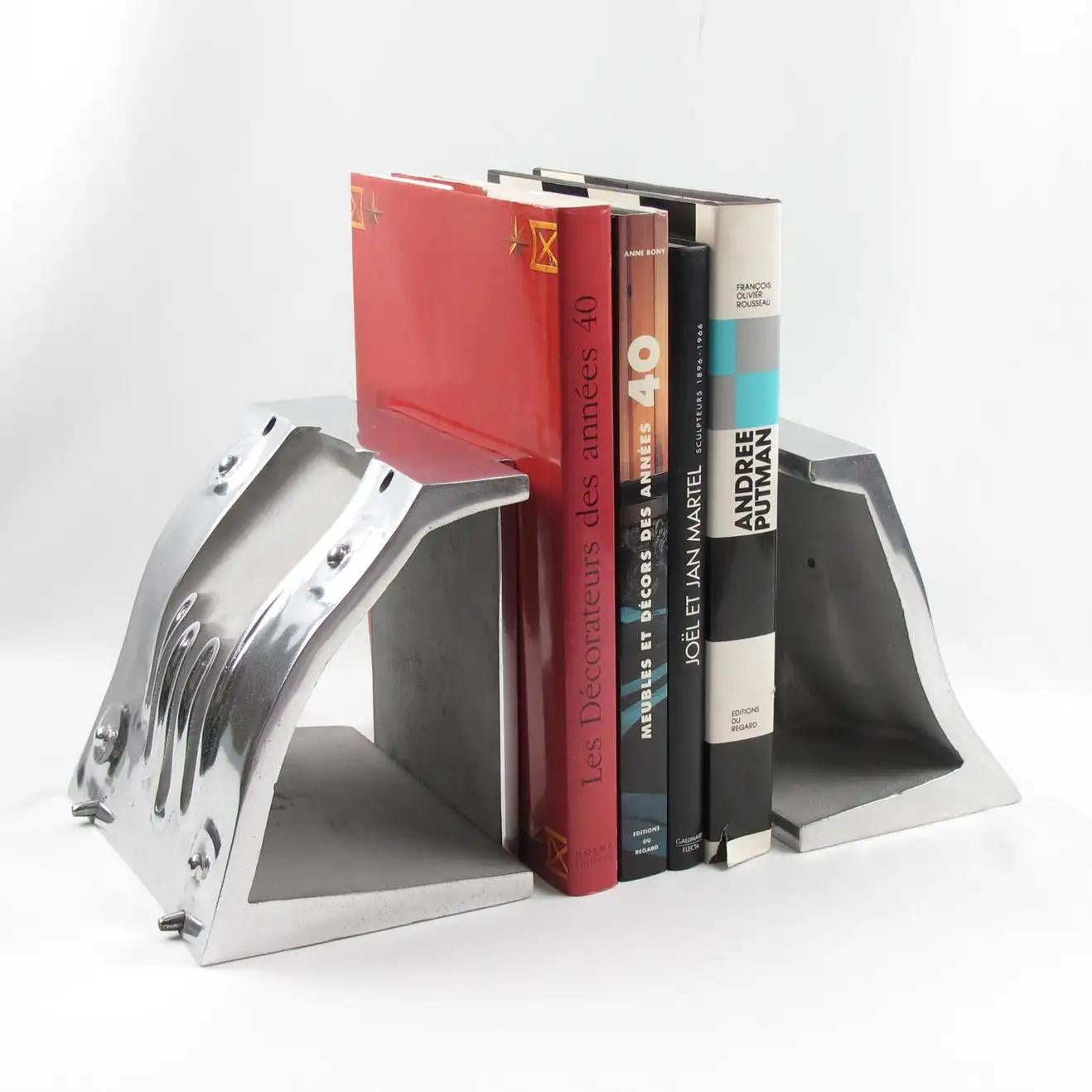 French Industrial Stainless Steel Hand Mold Sculpture Bookends, a Pair For Sale