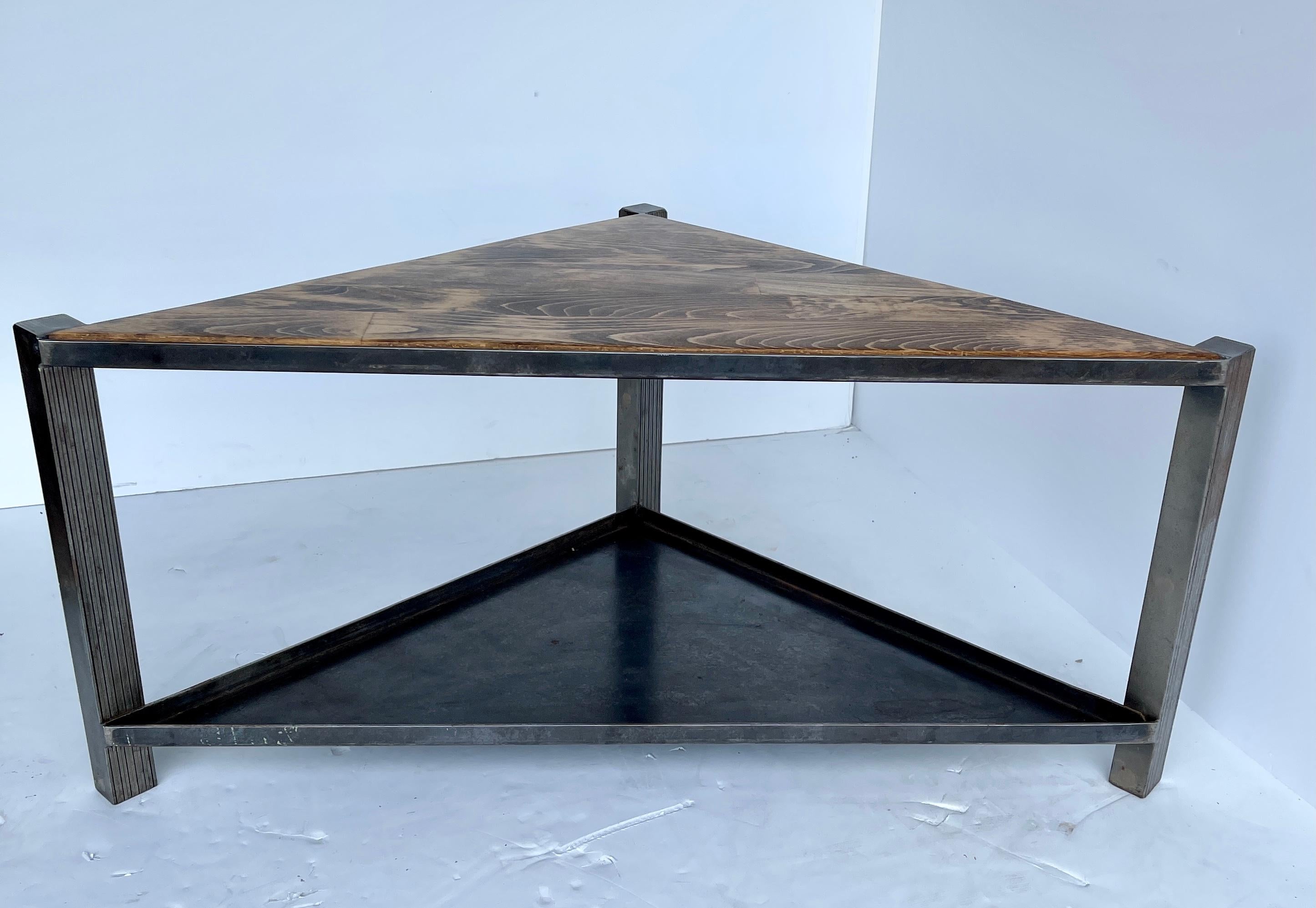 Industrial Stainless Steel Triangular Table with Oak Tabletop, Modern For Sale 1