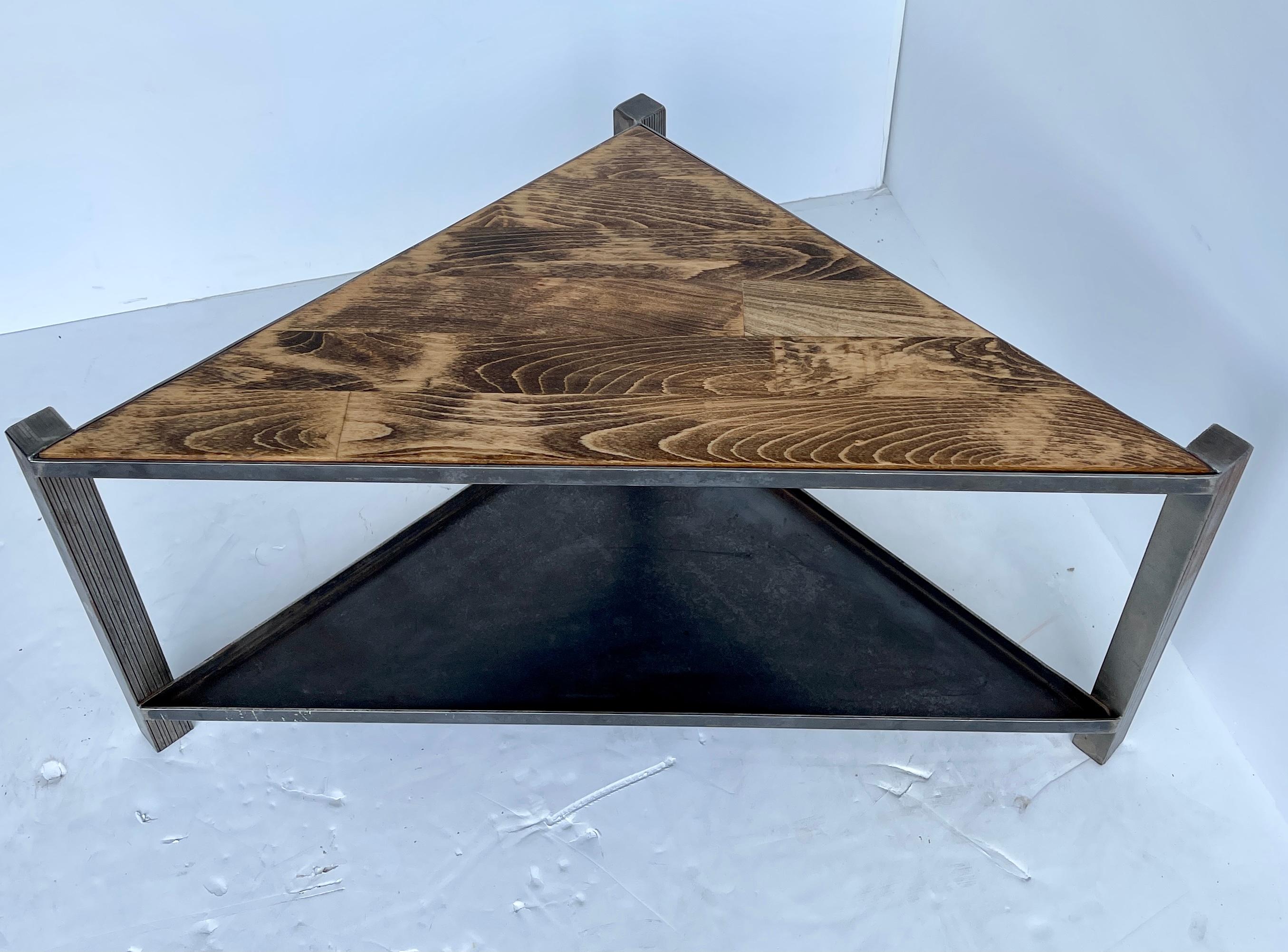 Industrial Stainless Steel Triangular Table with Oak Tabletop, Modern For Sale 3