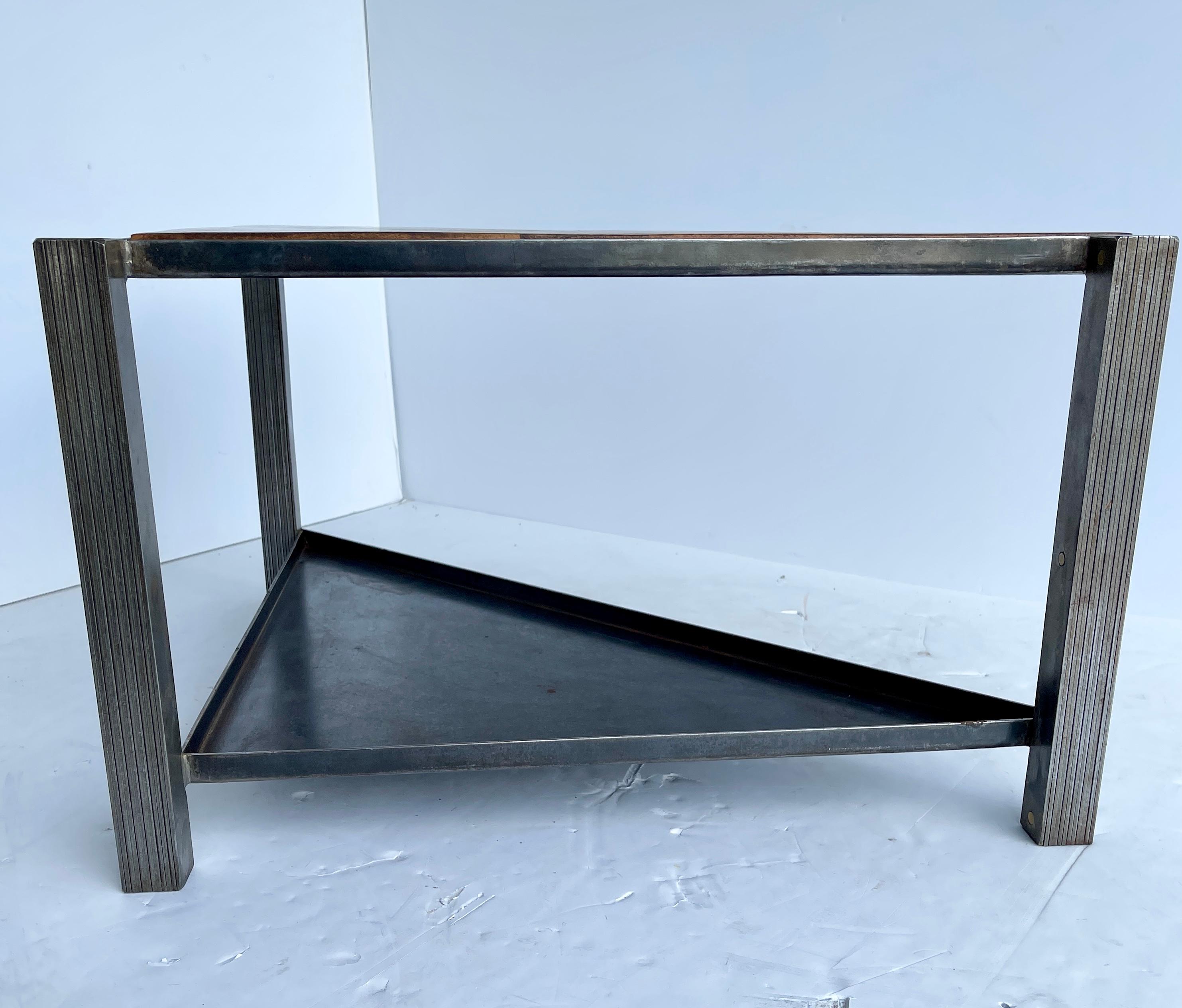 Industrial Stainless Steel Triangular Table with Oak Tabletop, Modern For Sale 9