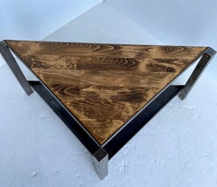 Industrial Stainless Steel Triangular Table with Oak Tabletop, Modern