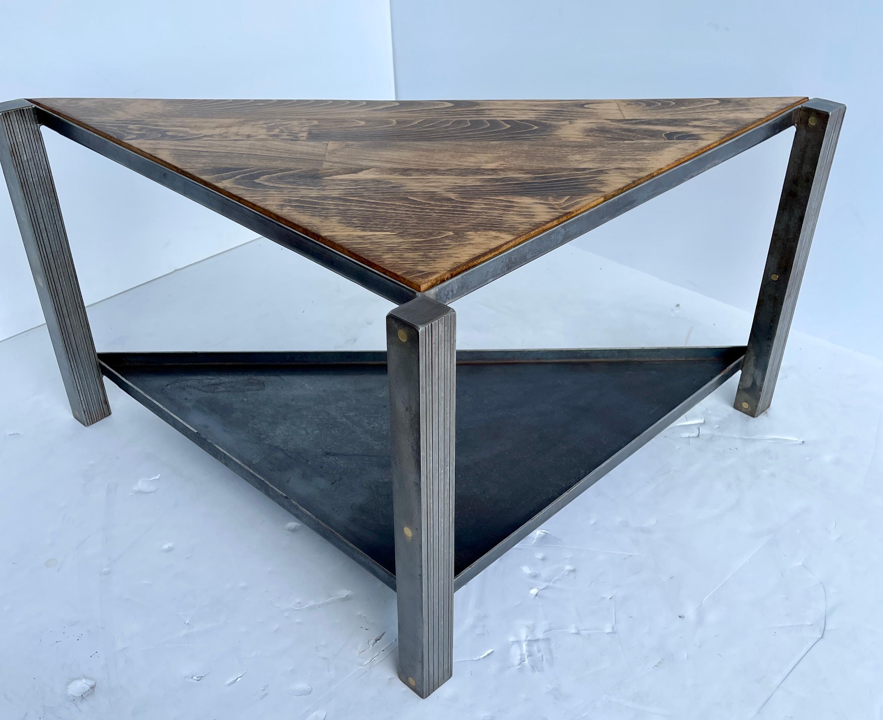 Polished Industrial Stainless Steel Triangular Table with Oak Tabletop, Modern For Sale