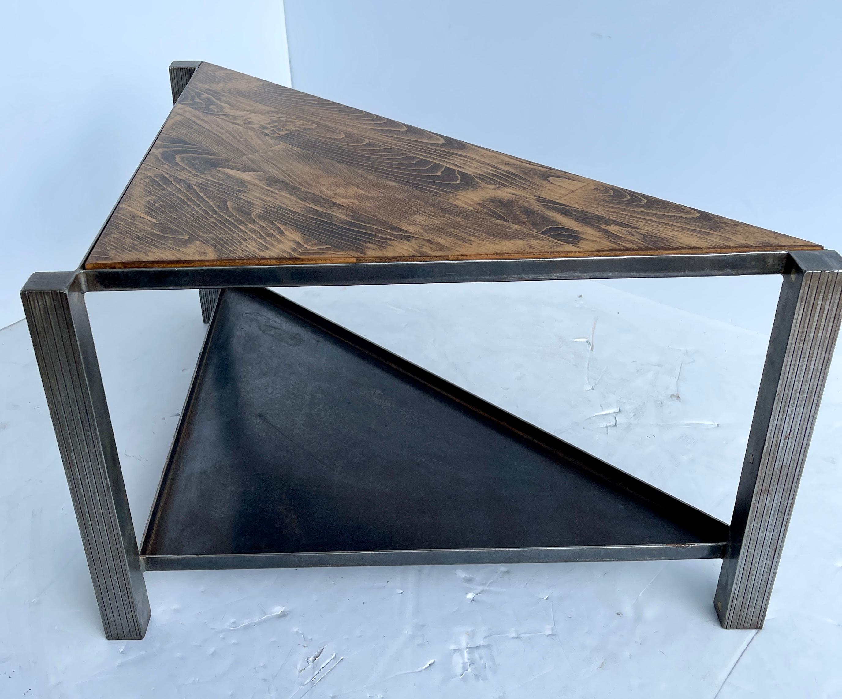 Industrial Stainless Steel Triangular Table with Oak Tabletop, Modern In Good Condition For Sale In Haddonfield, NJ