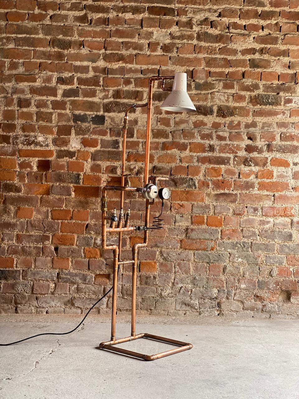 British Industrial Steampunk Light Stand Side Lamp Vintage Copper Piping and Gauges