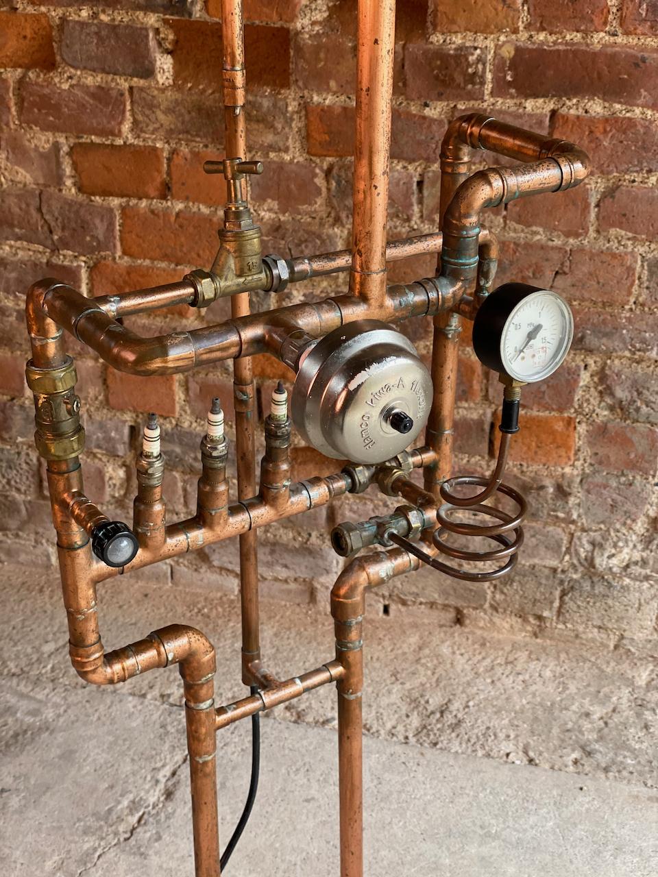 Industrial Steampunk Light Stand Side Lamp Vintage Copper Piping and Gauges 1