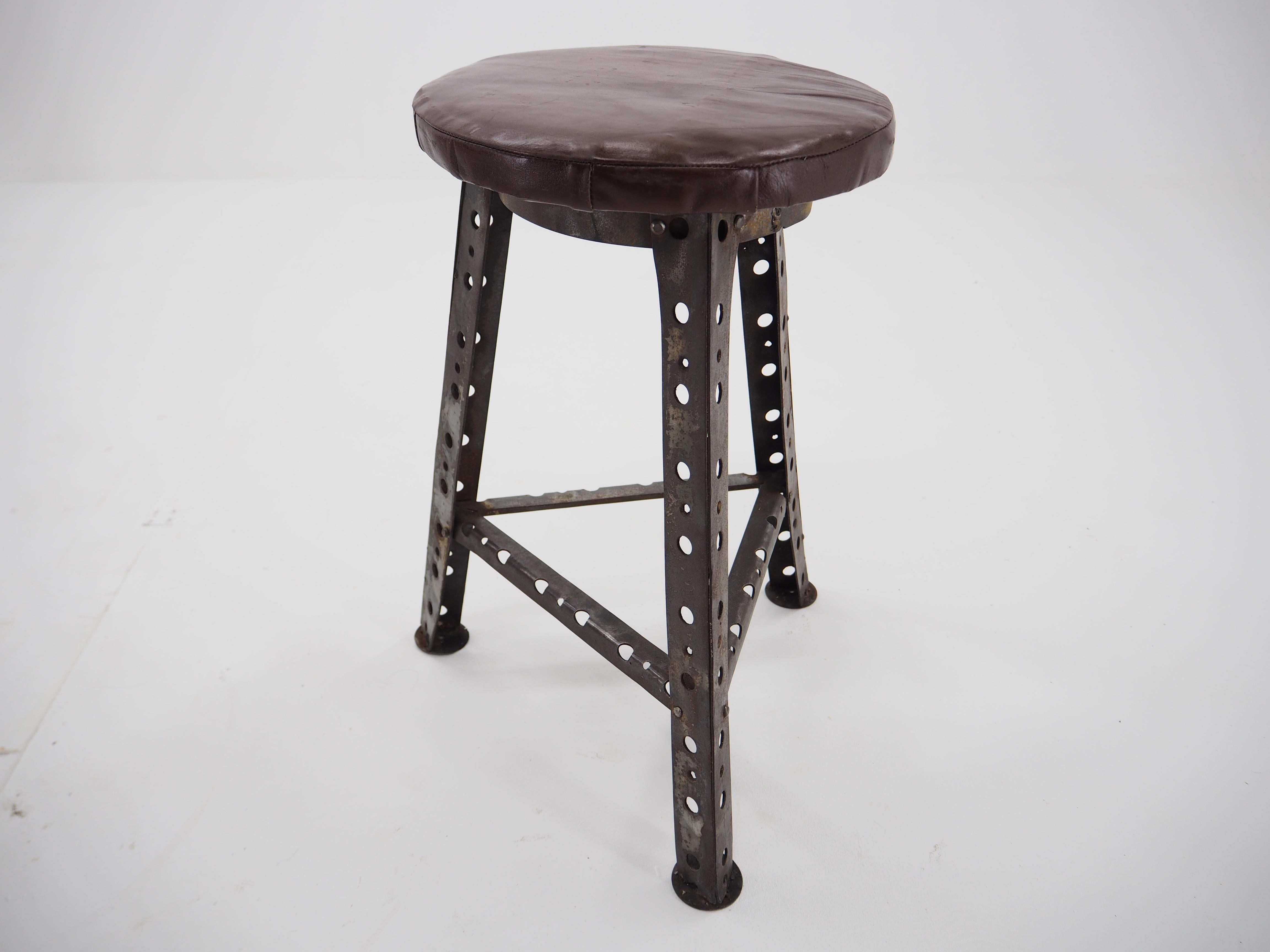 Late 20th Century Industrial Steel and Leather Stool