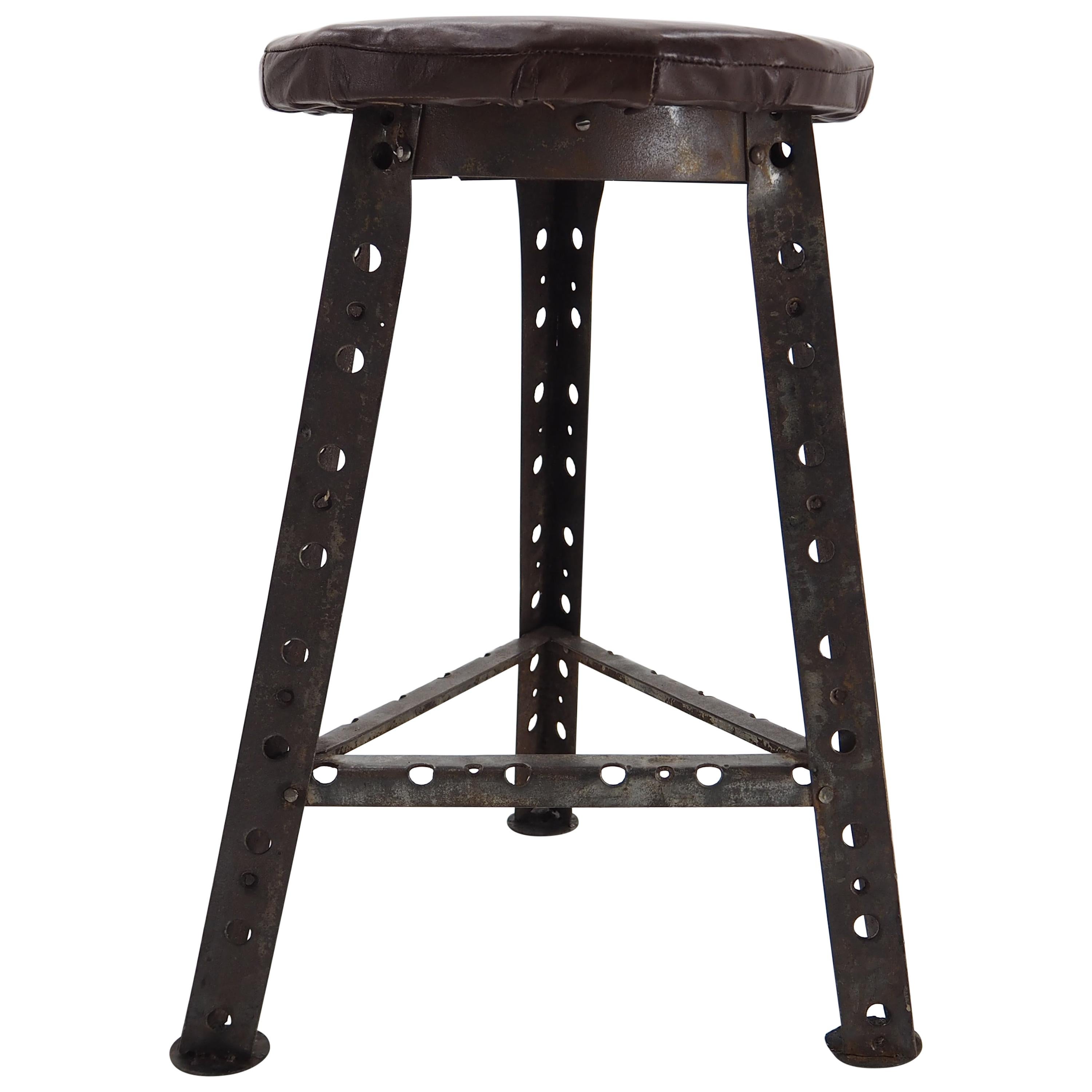 Industrial Steel and Leather Stool