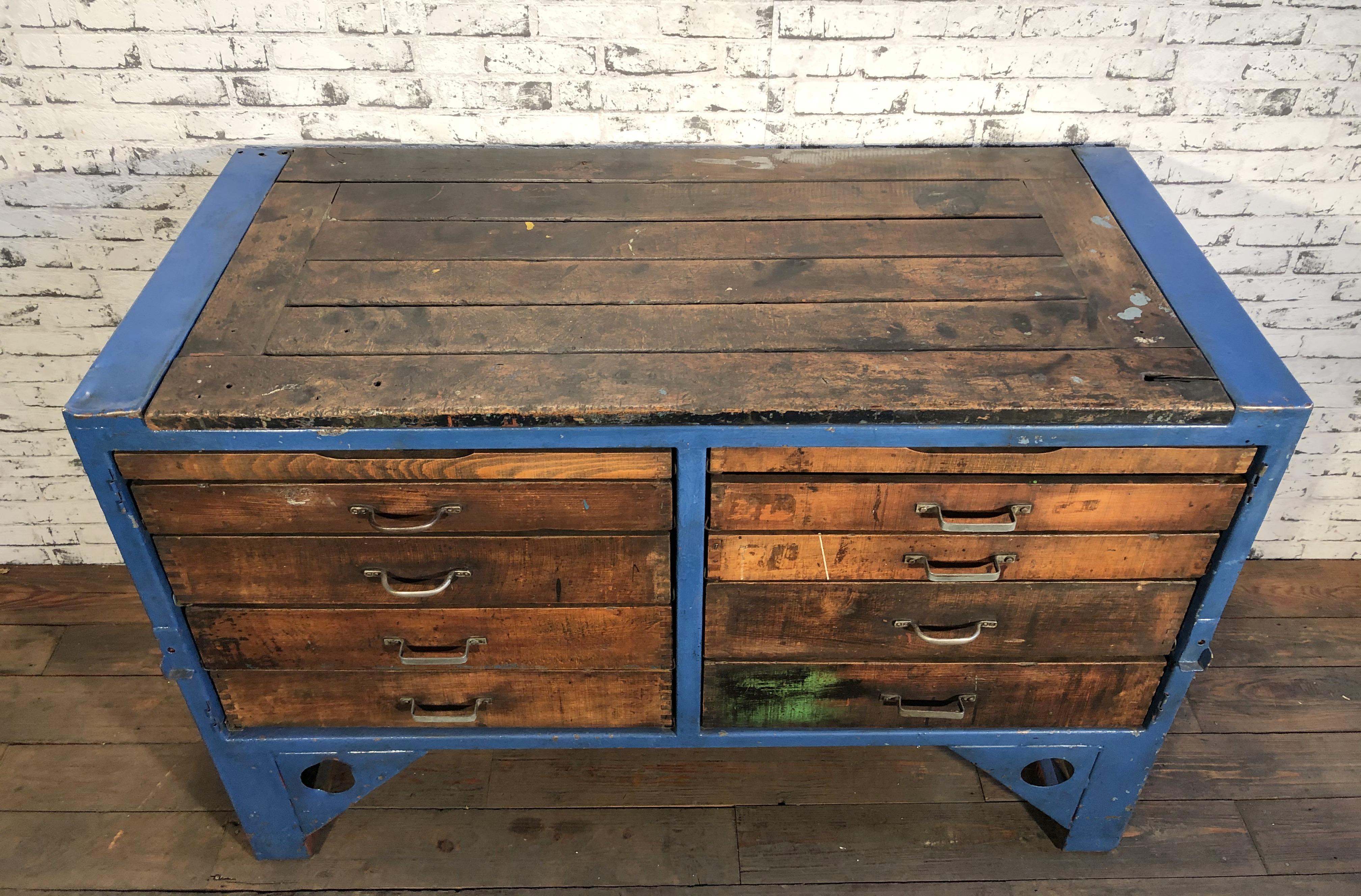 Czech Industrial Steel and Wood Chest of Drawers, 1950s