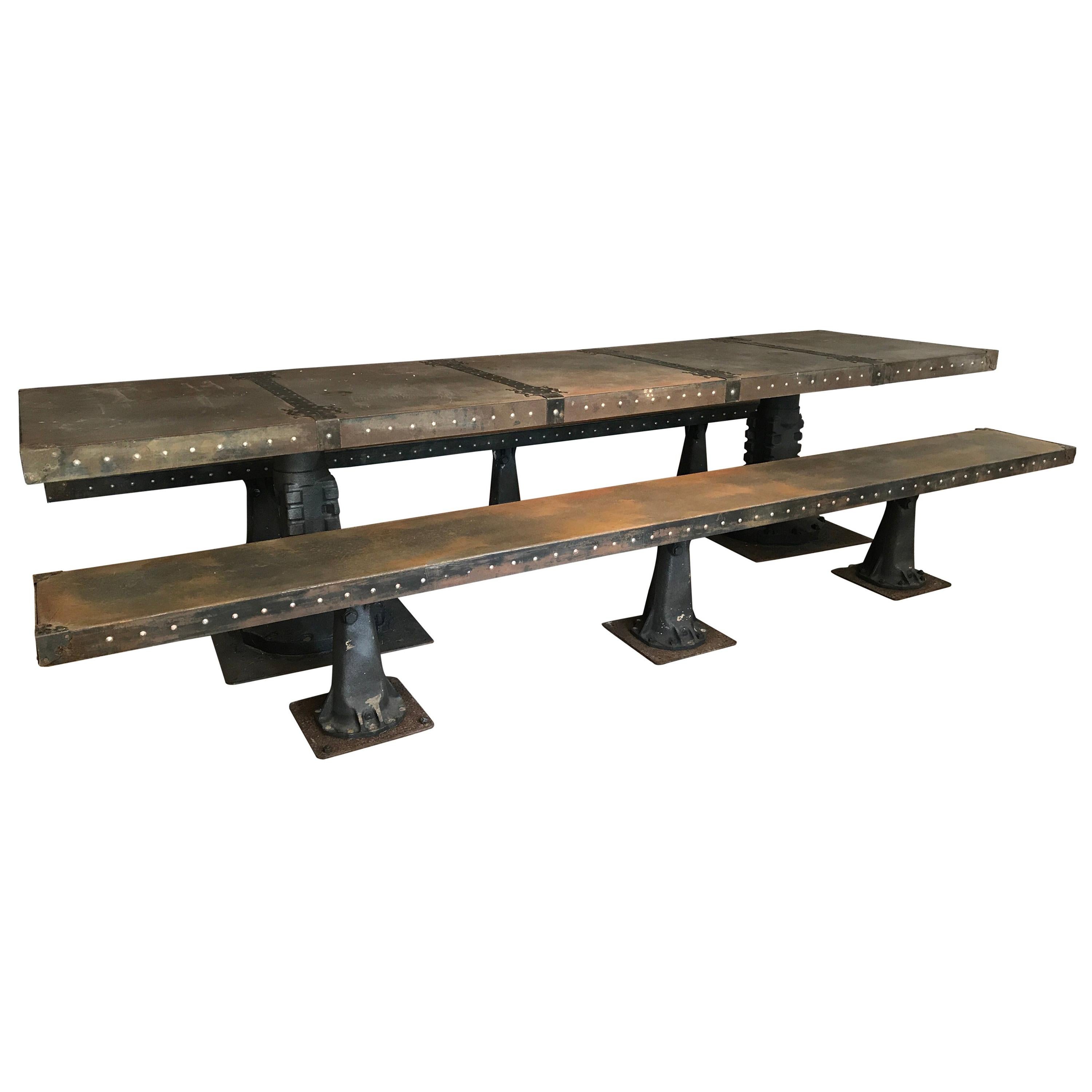 Industrial Steel Banquet Table and Pair Benches For Sale