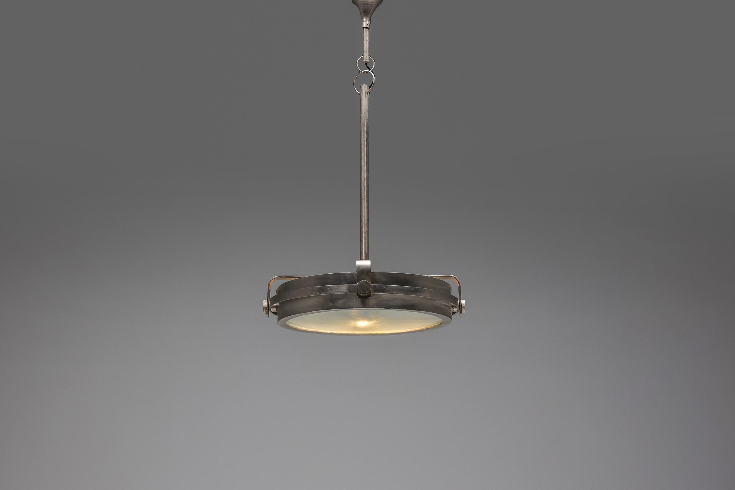 French Industrial Steel Ceiling Lamp, Post-Modern, Chandelier, Pendant, 1990's For Sale