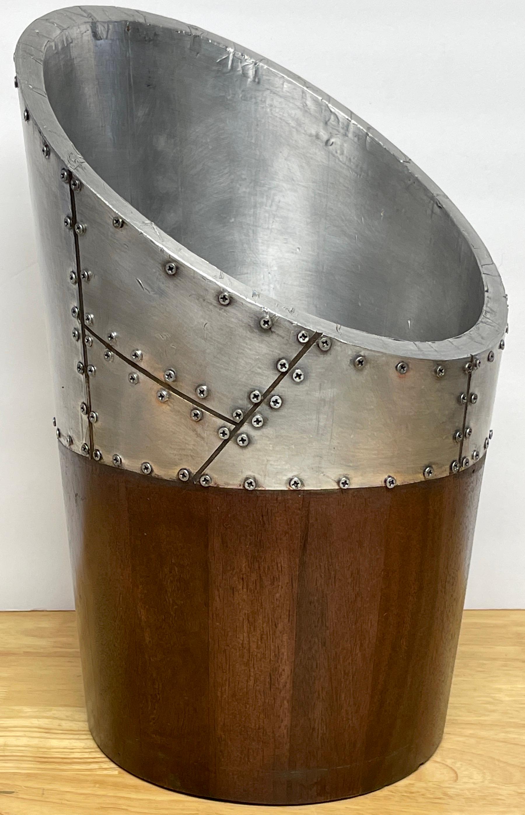 Industrial Steel Clad Hardwood Elliptical Wastepaper Basket/ Trash Can In Good Condition For Sale In West Palm Beach, FL