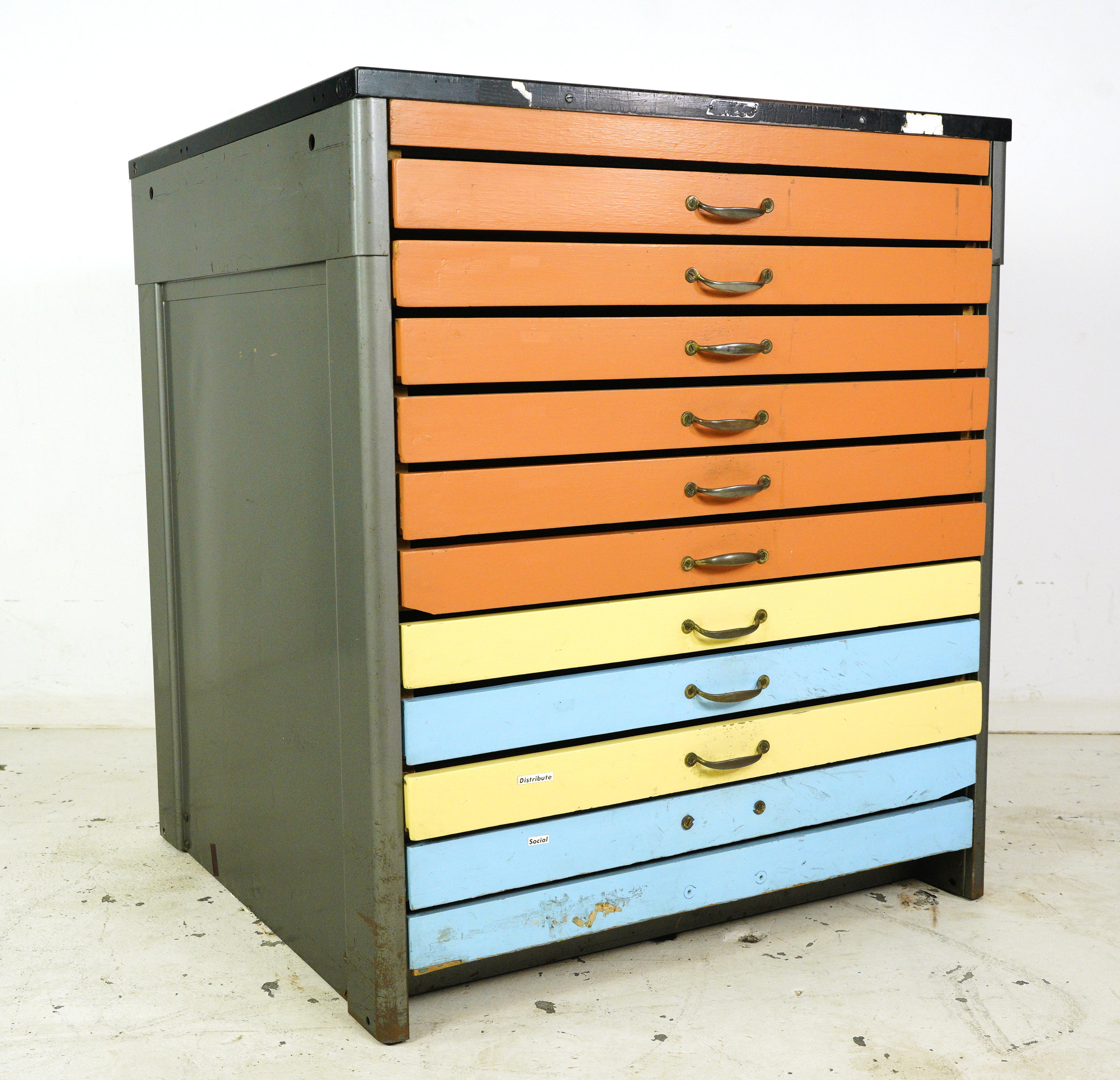 20th Century Industrial Steel Colorful 11 Drawer Map Cabinet Flat File