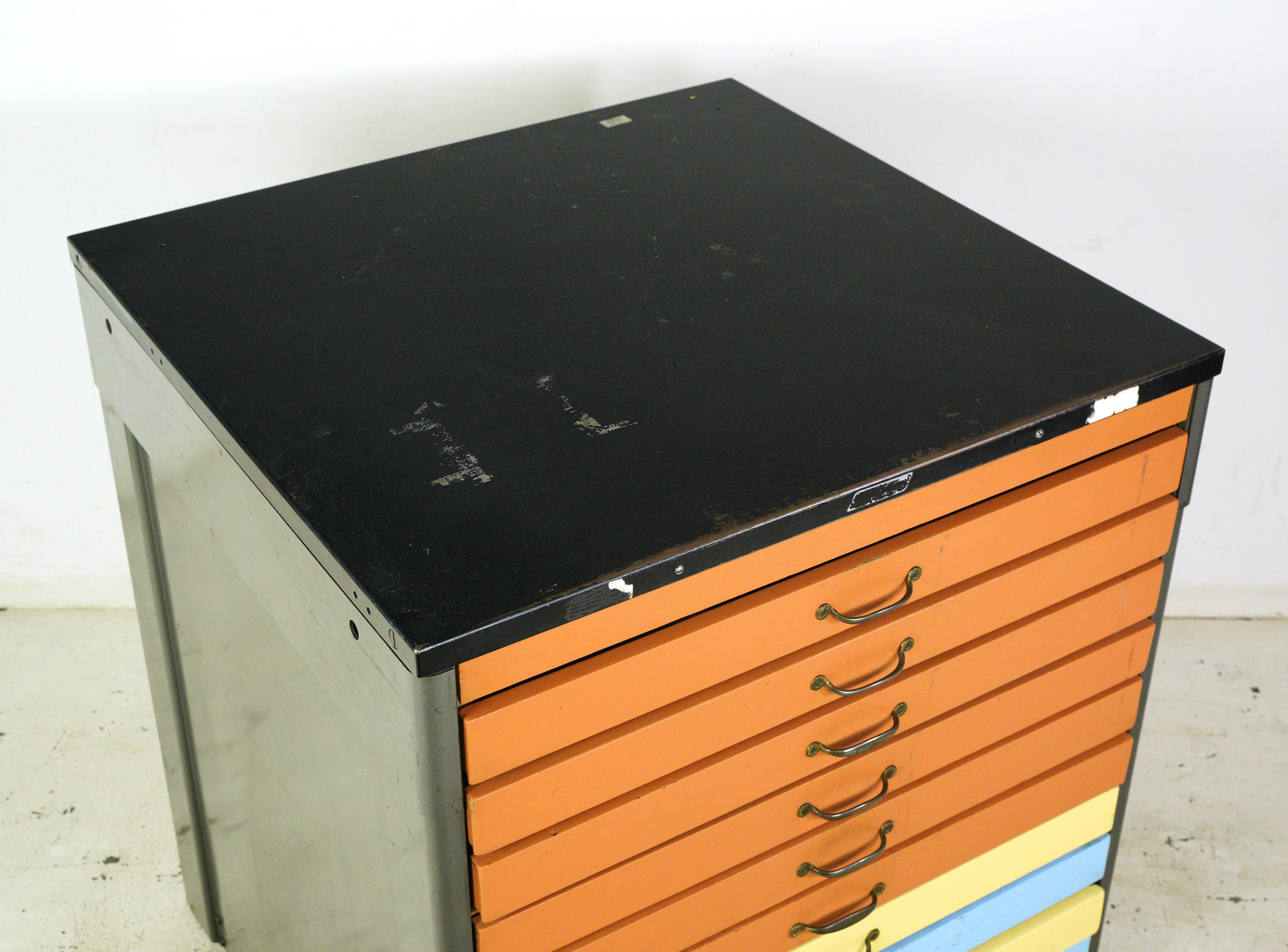 Brass Industrial Steel Colorful 11 Drawer Map Cabinet Flat File
