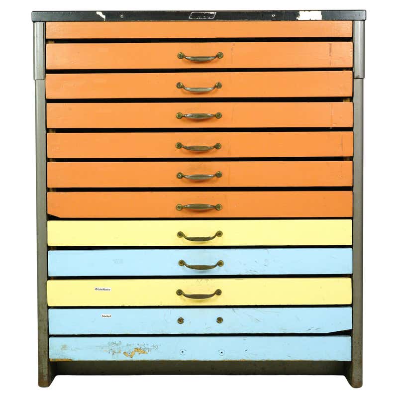 20 Drawer Tiger Oak Map Cabinet or Flat File with Original Brass ...