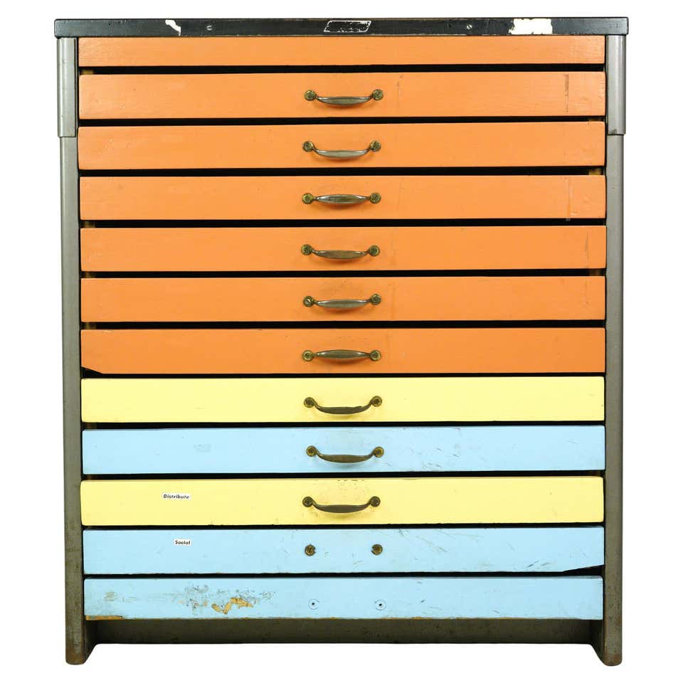 20 Drawer Tiger Oak Map Cabinet or Flat File with Original Brass ...