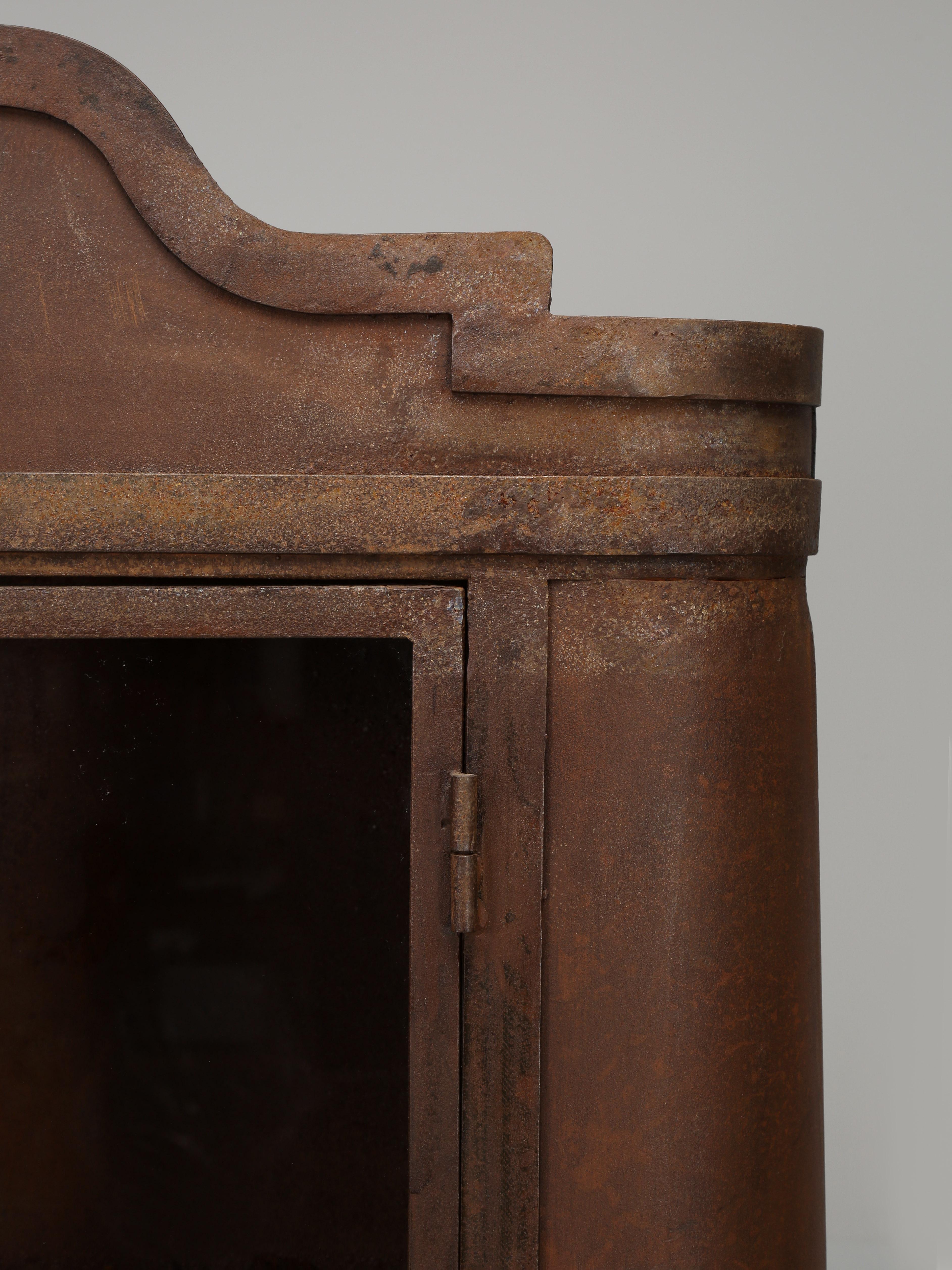 Hand-Crafted Industrial Steel French Shop or Curio Cabinet with Curved Corners 