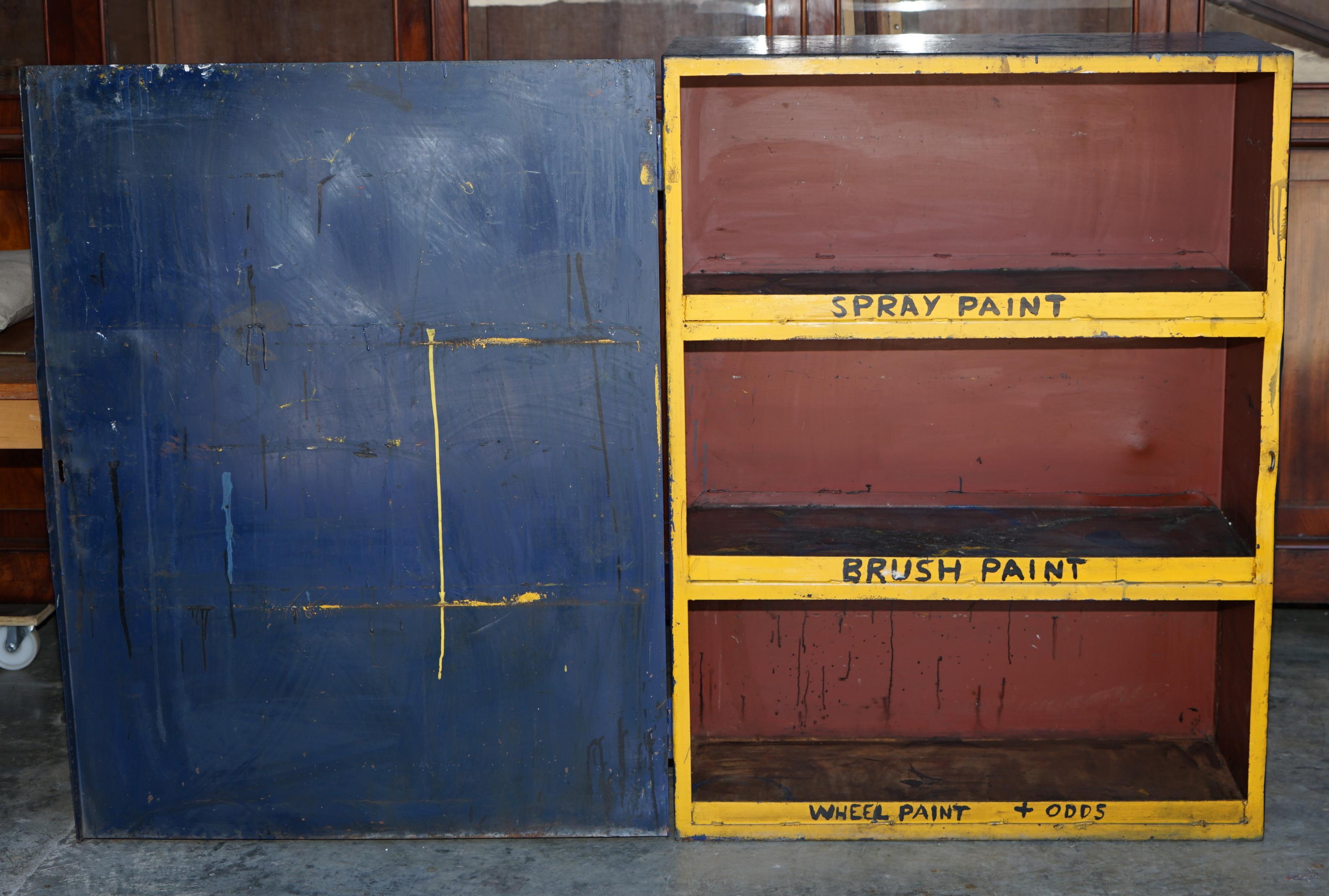 Hand-Painted Industrial Steel Large circa 1950s Metal Workers Paint Cupboard Very Rare Find For Sale