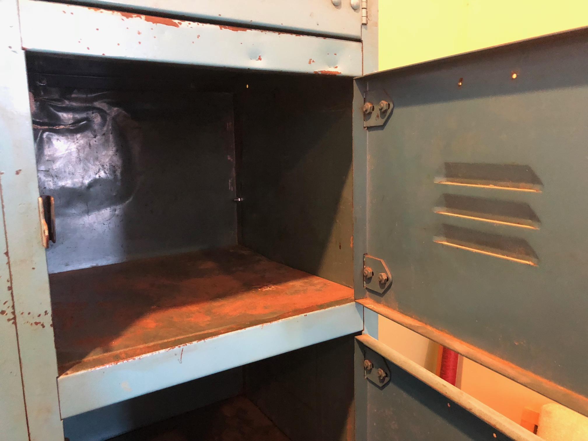 Industrial Steel Storage Locker Set. Robin's Egg Blue, 24 Cubbies, Padlock Pulls 1