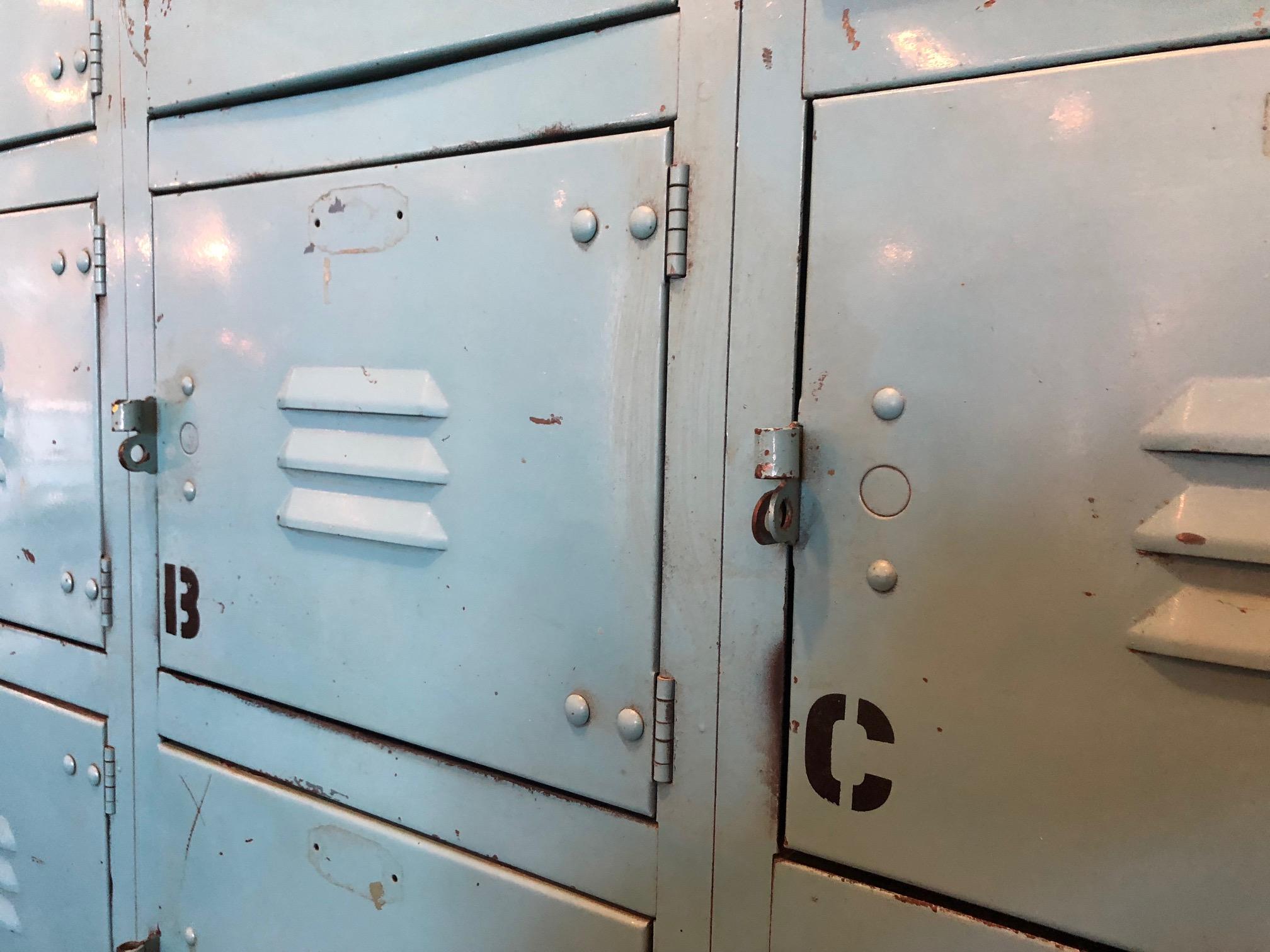 Industrial Steel Storage Locker Set. Robin's Egg Blue, 24 Cubbies, Padlock Pulls 2