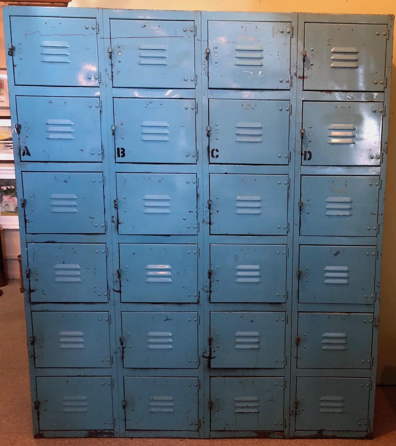 Industrial Steel Storage Locker Set. Robin's Egg Blue, 24 Cubbies, Padlock Pulls 3