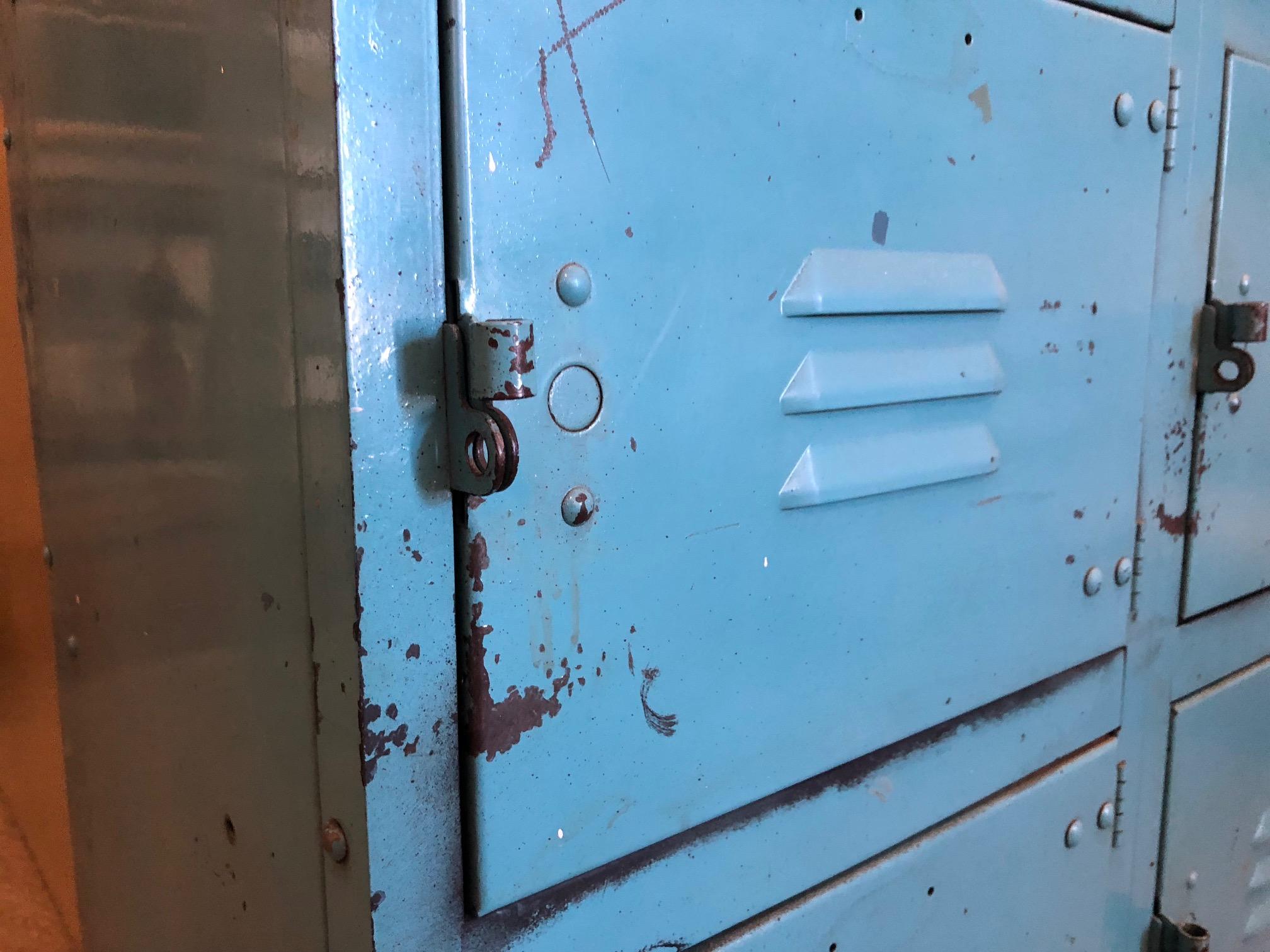 Industrial Steel Storage Locker Set. Robin's Egg Blue, 24 Cubbies, Padlock Pulls In Good Condition In Madison, WI