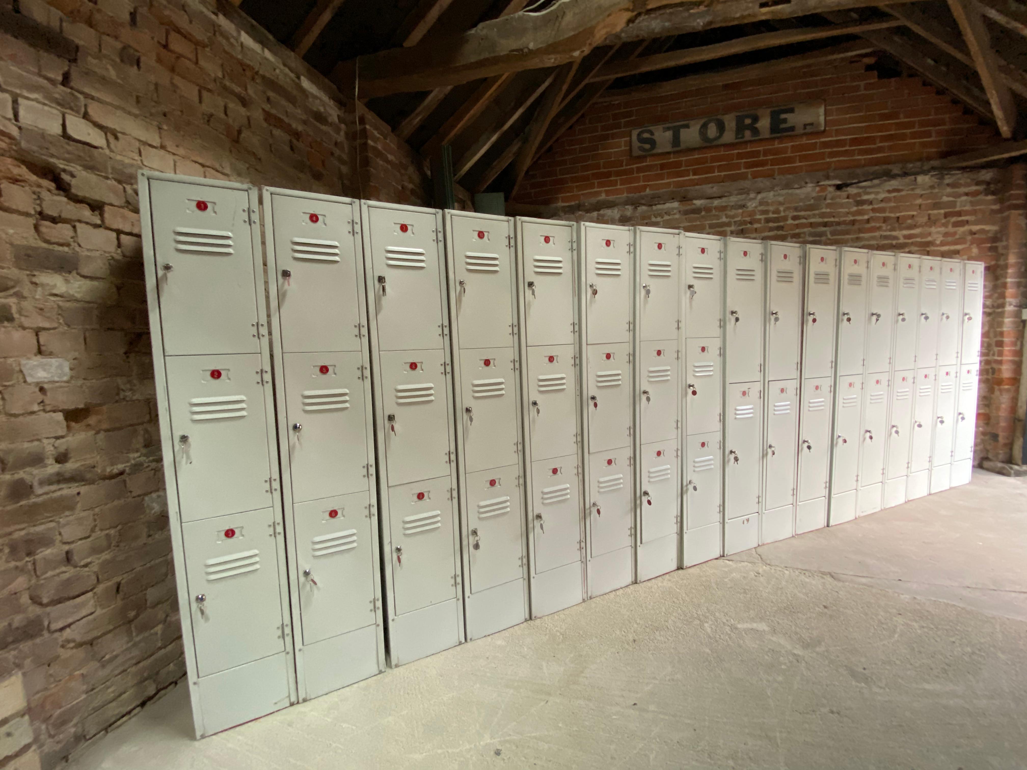 British Industrial Steel Lockers Loft Style Set of Seventeen with Forty Two Compartments