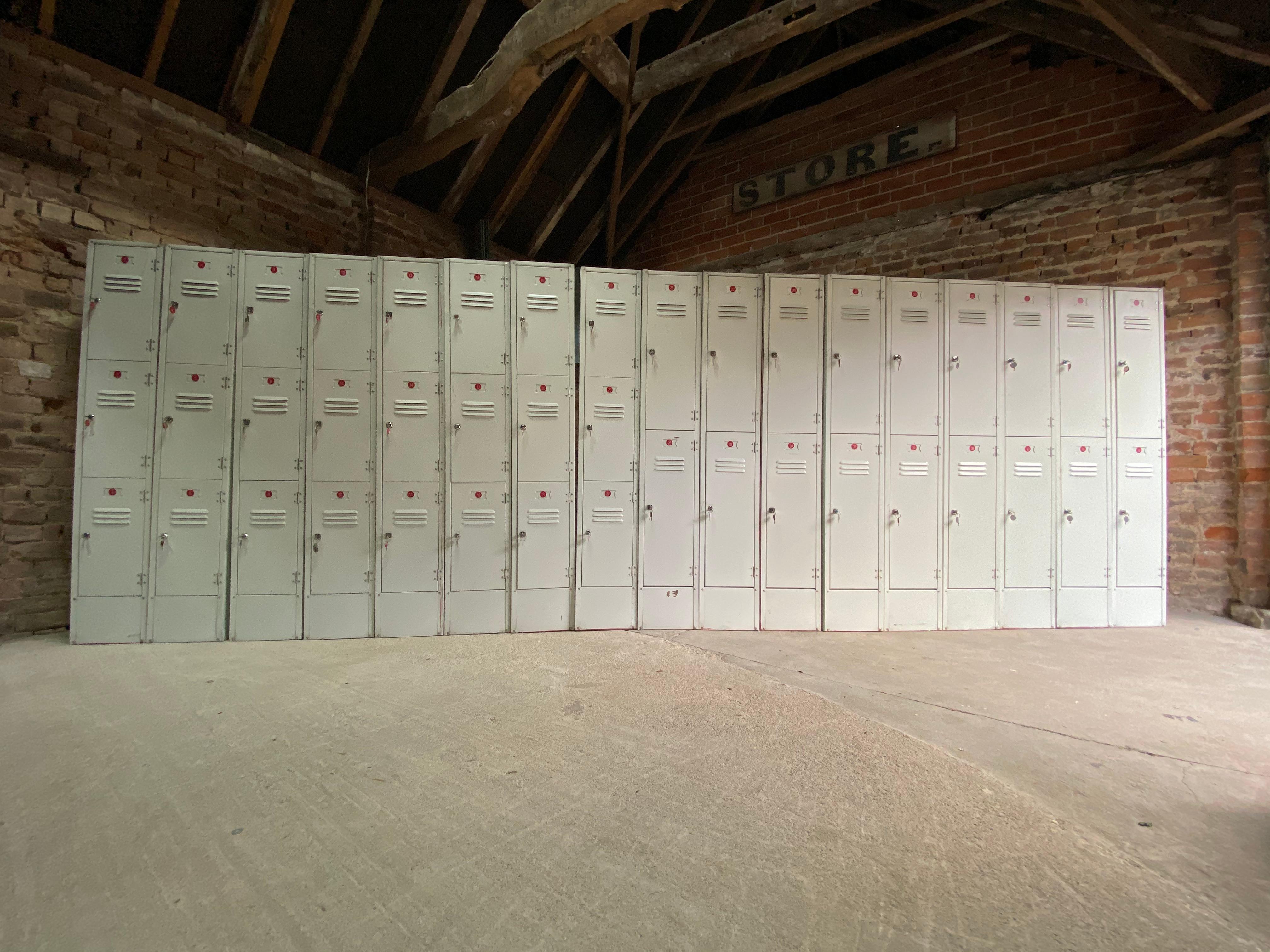 Industrial Steel Lockers Loft Style Set of Seventeen with Forty Two Compartments In Fair Condition In Longdon, Tewkesbury