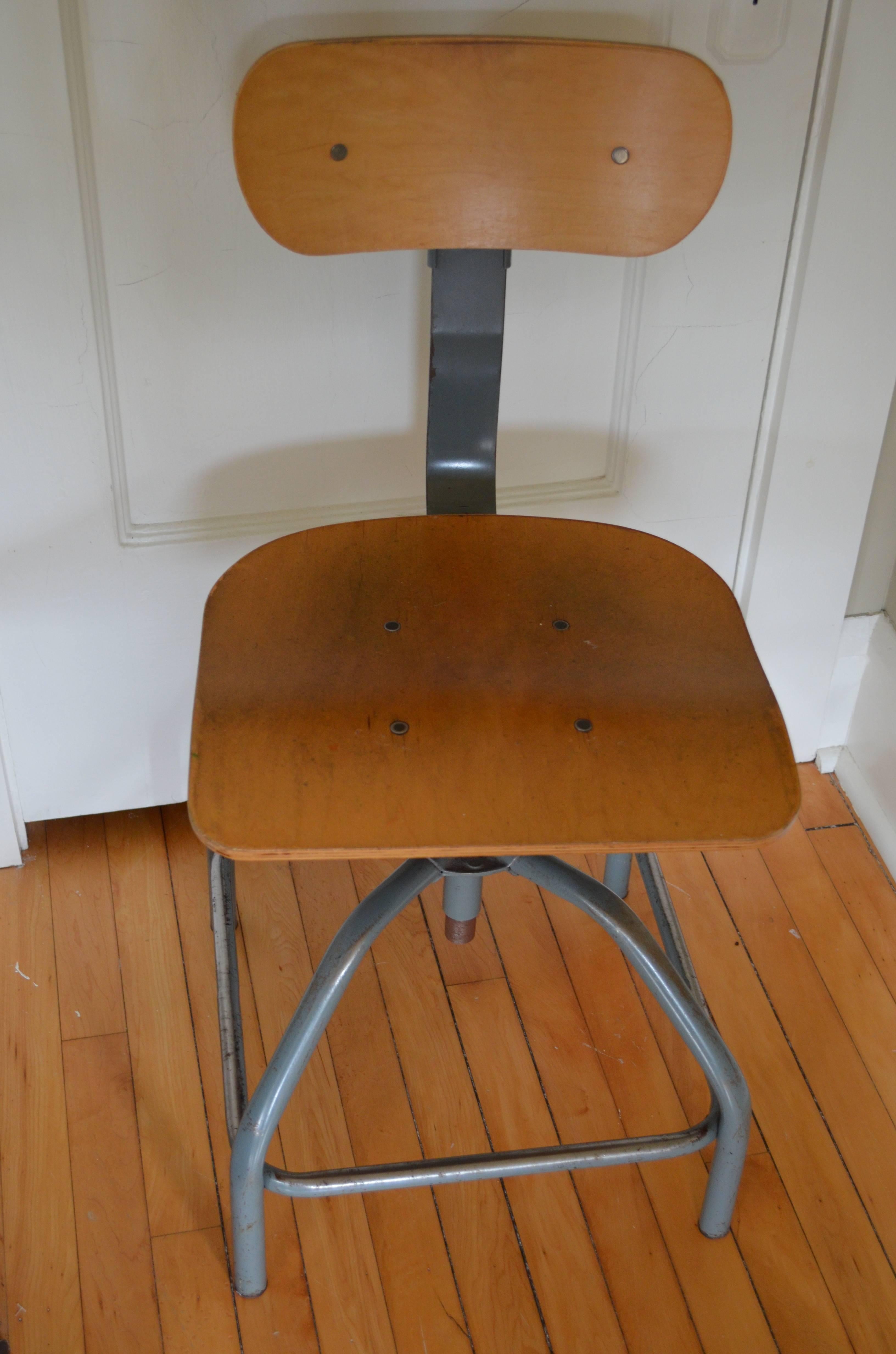 Industrial Steel Stool with Plywood Seat In Good Condition For Sale In Madison, WI