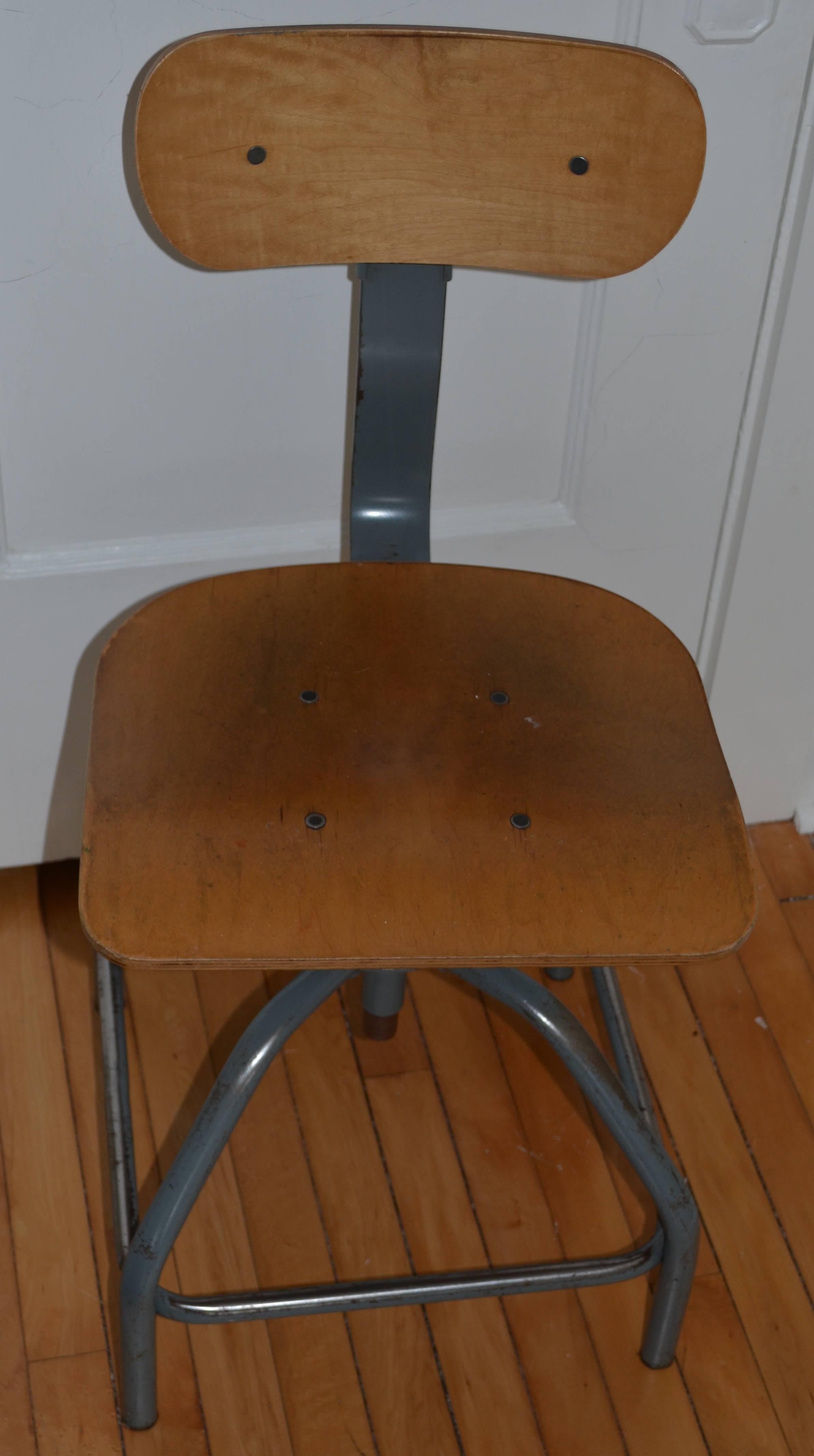 Late 20th Century Industrial Steel Stool with Plywood Seat For Sale